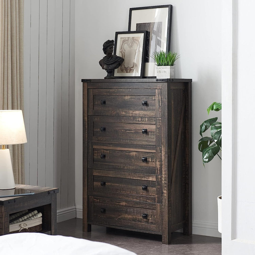 Commode haute en bois à 5 tiroirs de style ferme, idéale pour la chambre à coucher