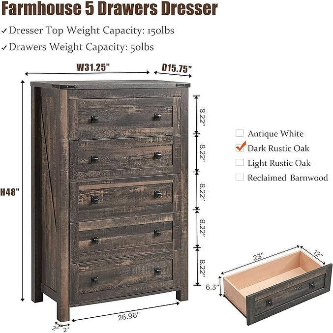 Commode haute en bois à 5 tiroirs de style ferme, idéale pour la chambre à coucher