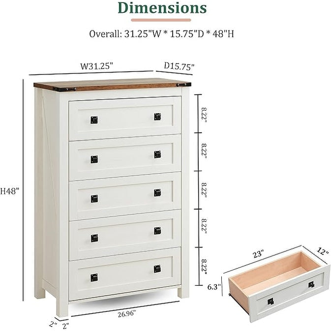 Commode haute en bois à 5 tiroirs de style ferme, idéale pour la chambre à coucher
