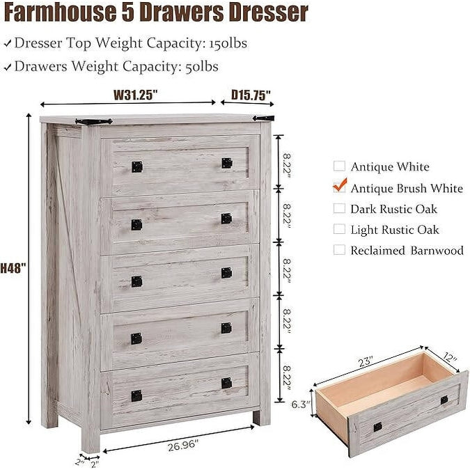Commode haute en bois à 5 tiroirs de style ferme, idéale pour la chambre à coucher