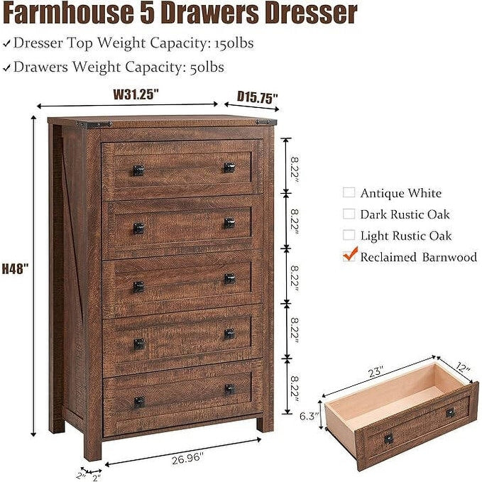Commode haute en bois à 5 tiroirs de style ferme, idéale pour la chambre à coucher
