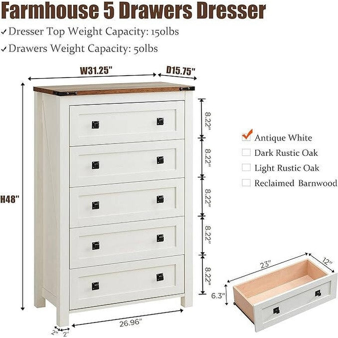 Commode haute en bois à 5 tiroirs de style ferme, idéale pour la chambre à coucher
