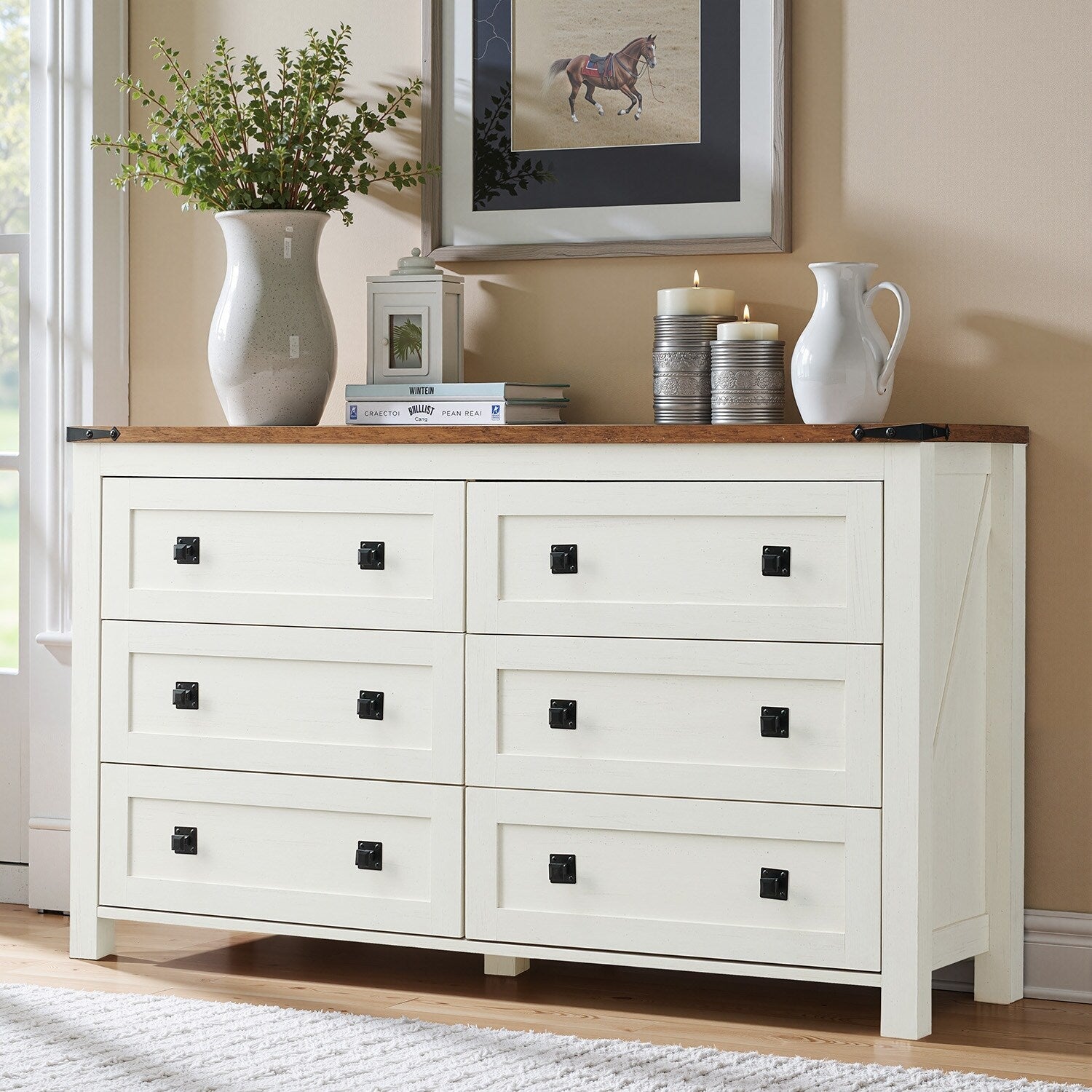 Commode 6 tiroirs style ferme, meuble TV en bois, commode