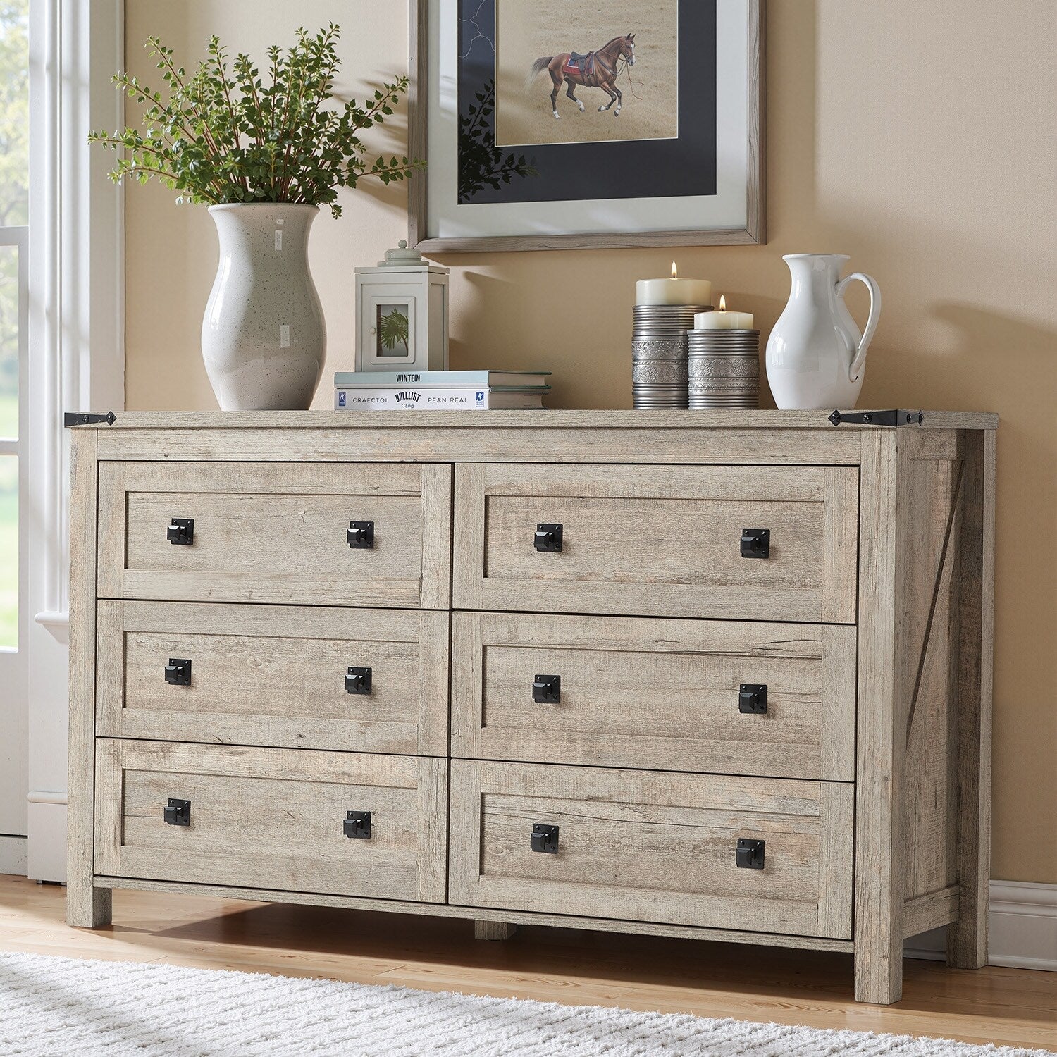 Commode 6 tiroirs style ferme, meuble TV en bois, commode