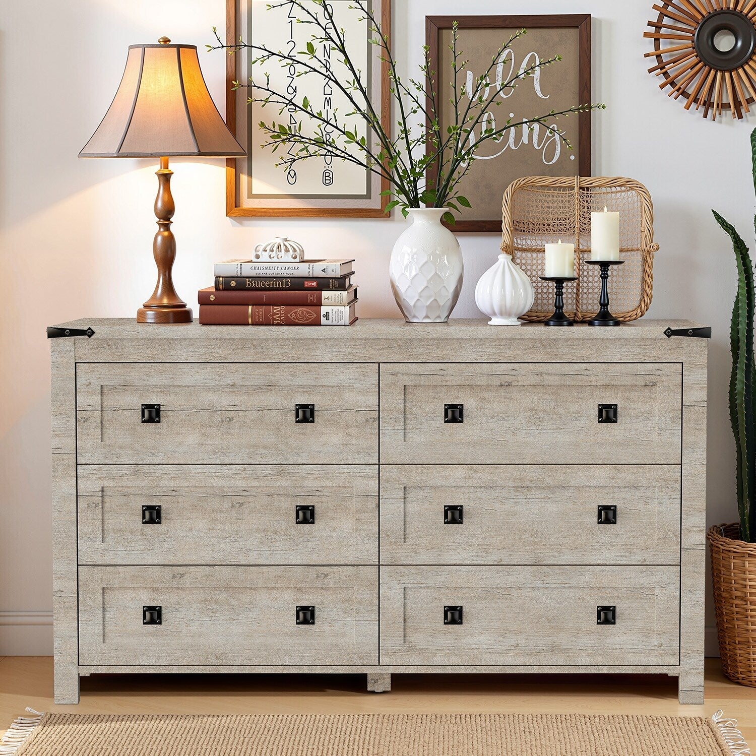 Commode 6 tiroirs style ferme, meuble TV en bois, commode