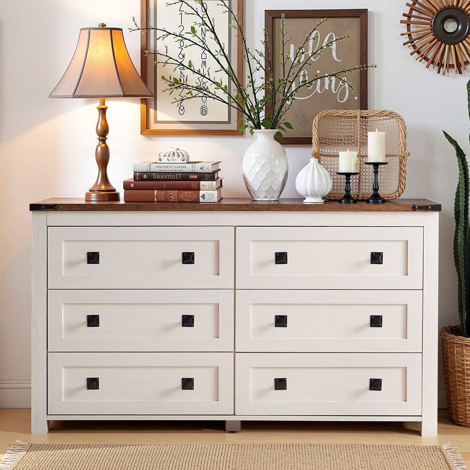 Commode 6 tiroirs style ferme, meuble TV en bois, commode