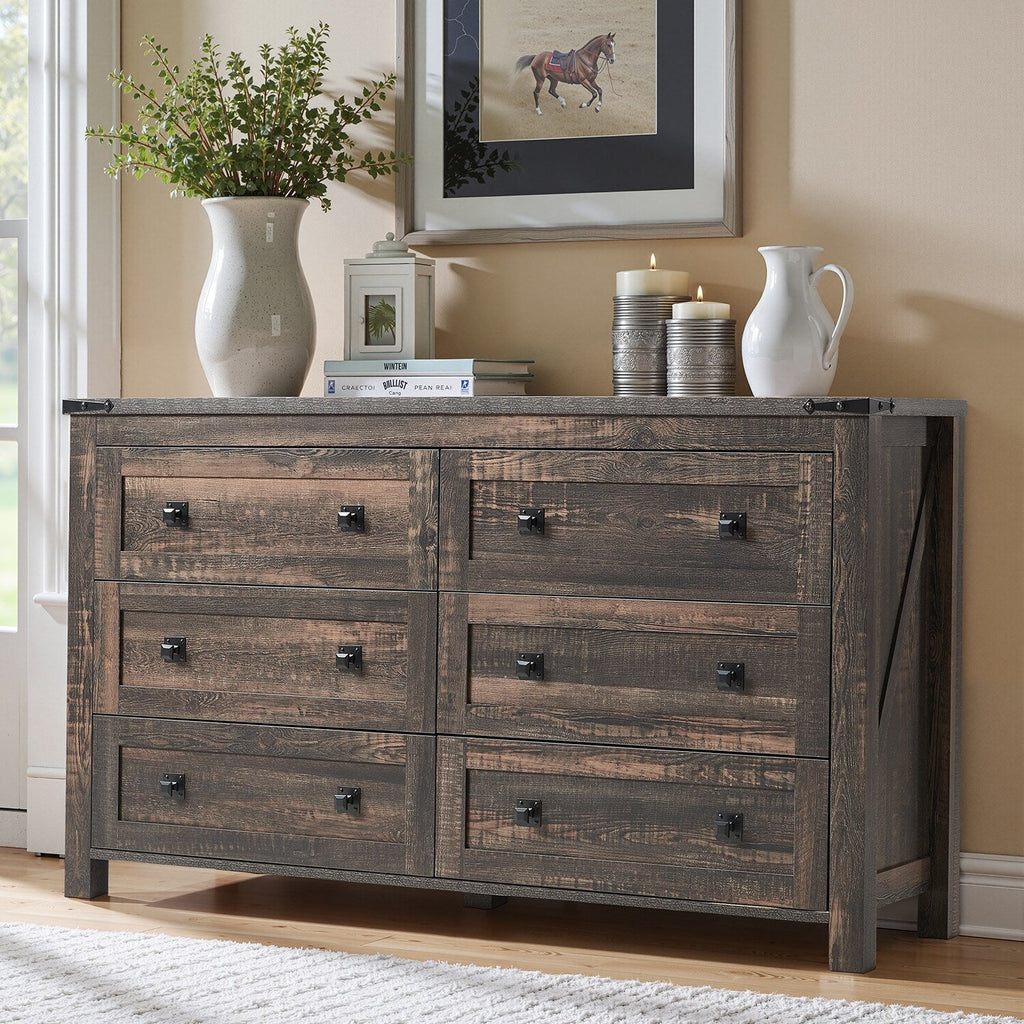 Commode 6 tiroirs style ferme, meuble TV en bois, commode