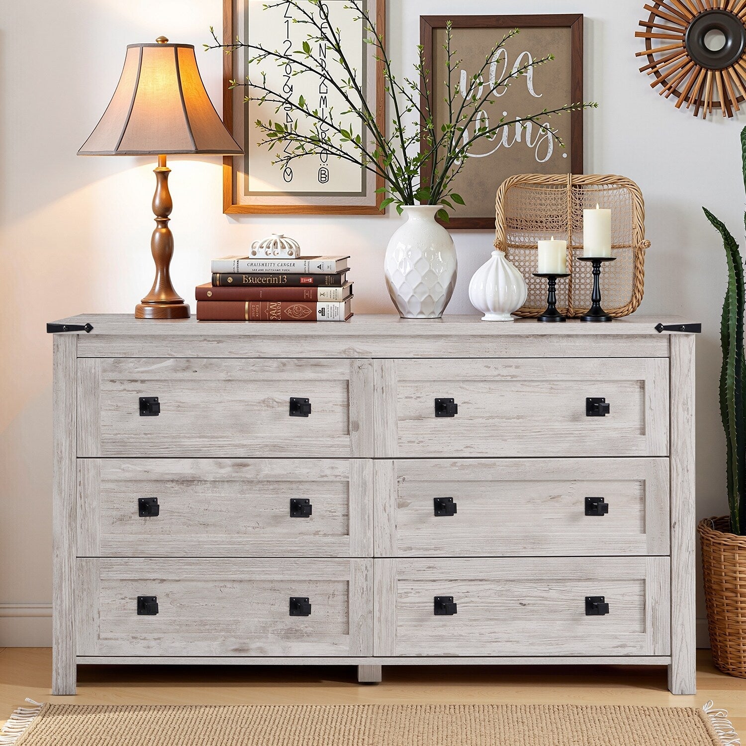 Commode 6 tiroirs style ferme, meuble TV en bois, commode
