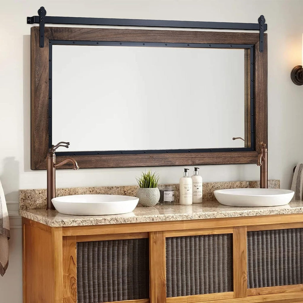 Miroir mural de salle de bain en bois naturel de style grange de ferme