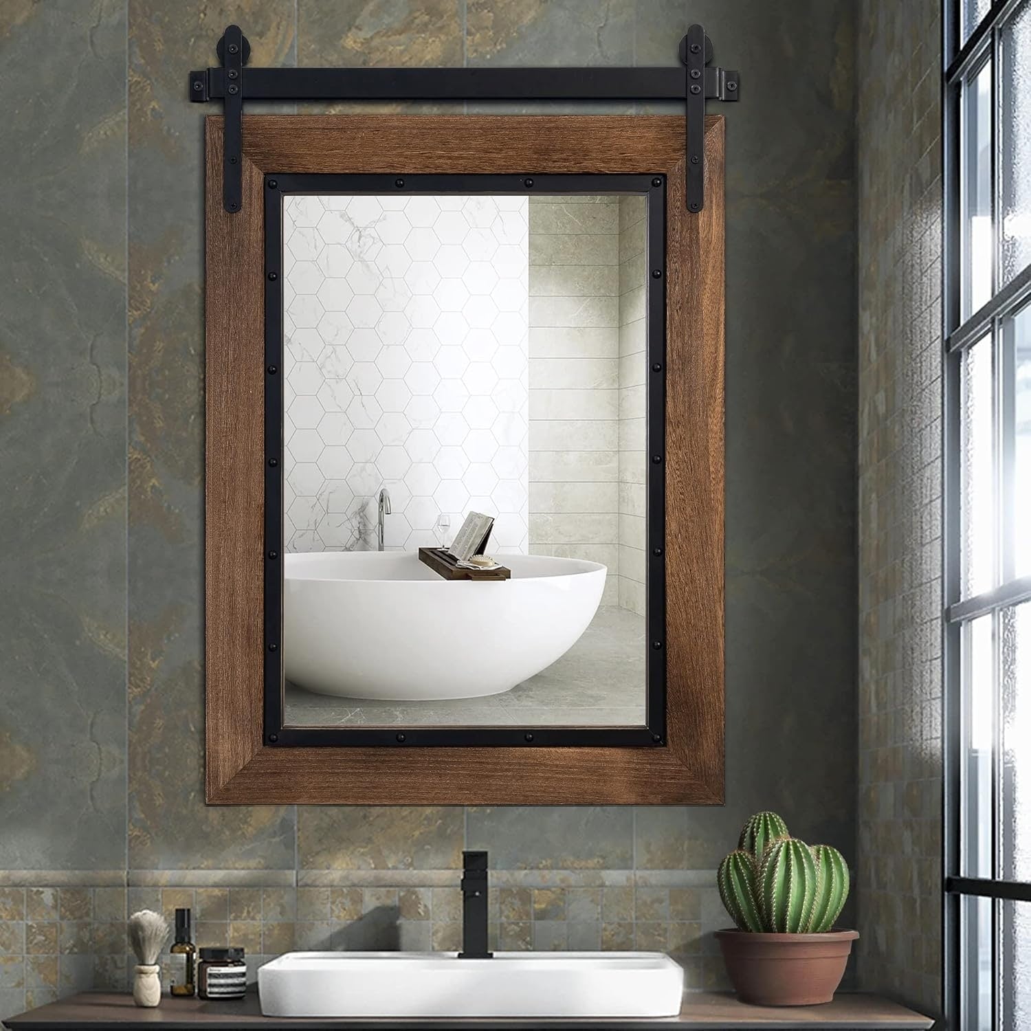 Miroir mural de salle de bain en bois naturel de style grange de ferme