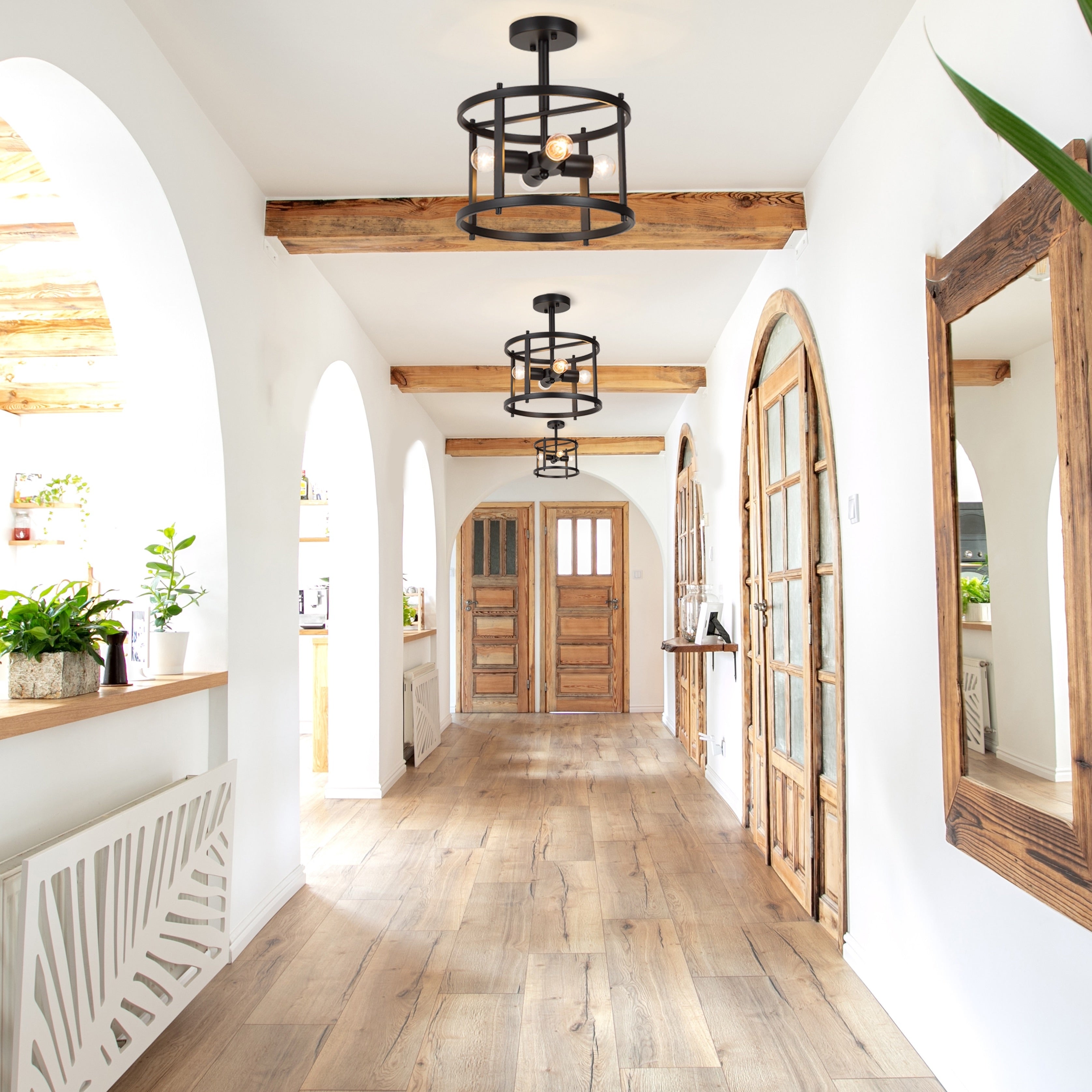 Plafonnier semi-encastré Farmhouse noir à 4 lumières, style tambour