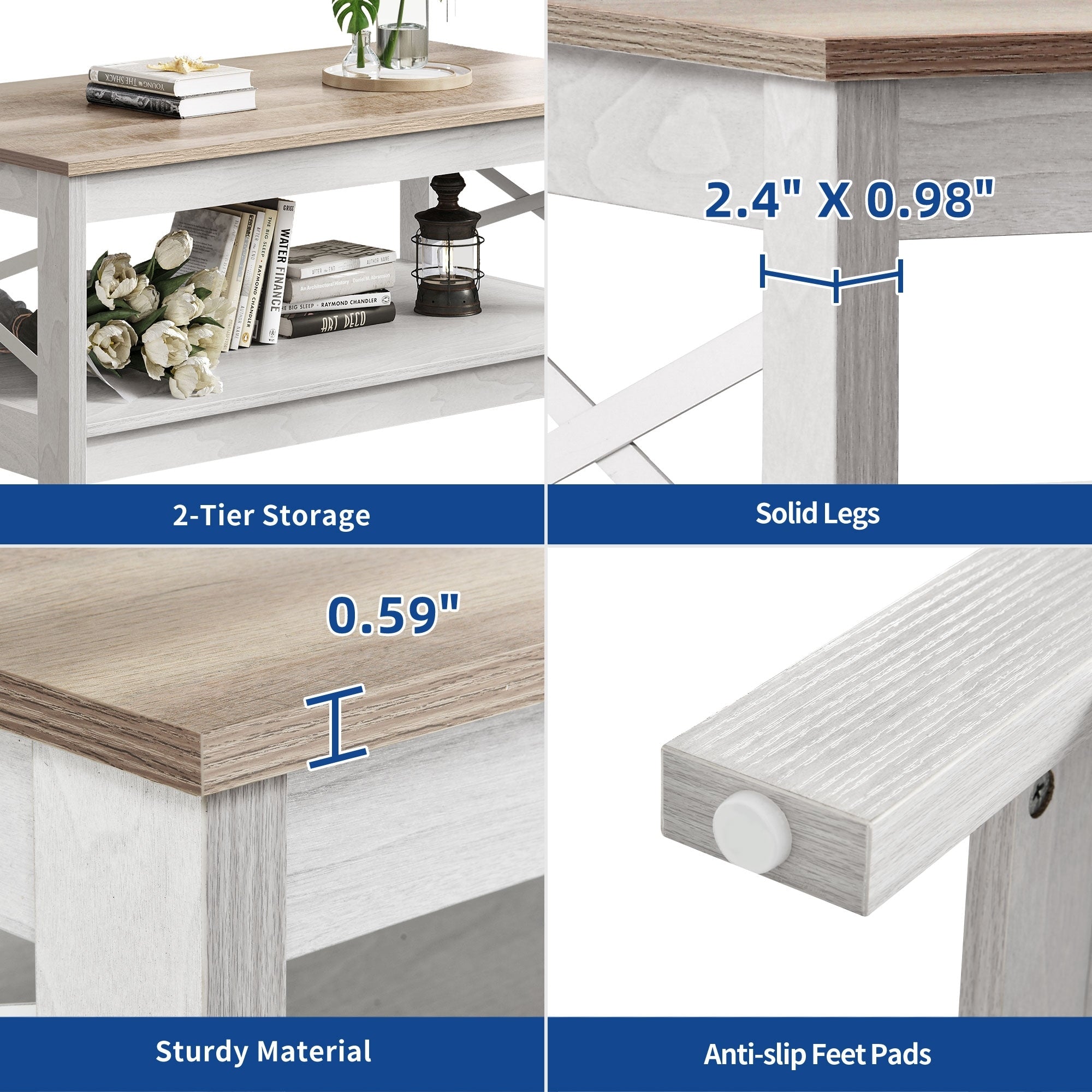 Table basse de style ferme avec rangement, table centrale à 2 niveaux pour le salon