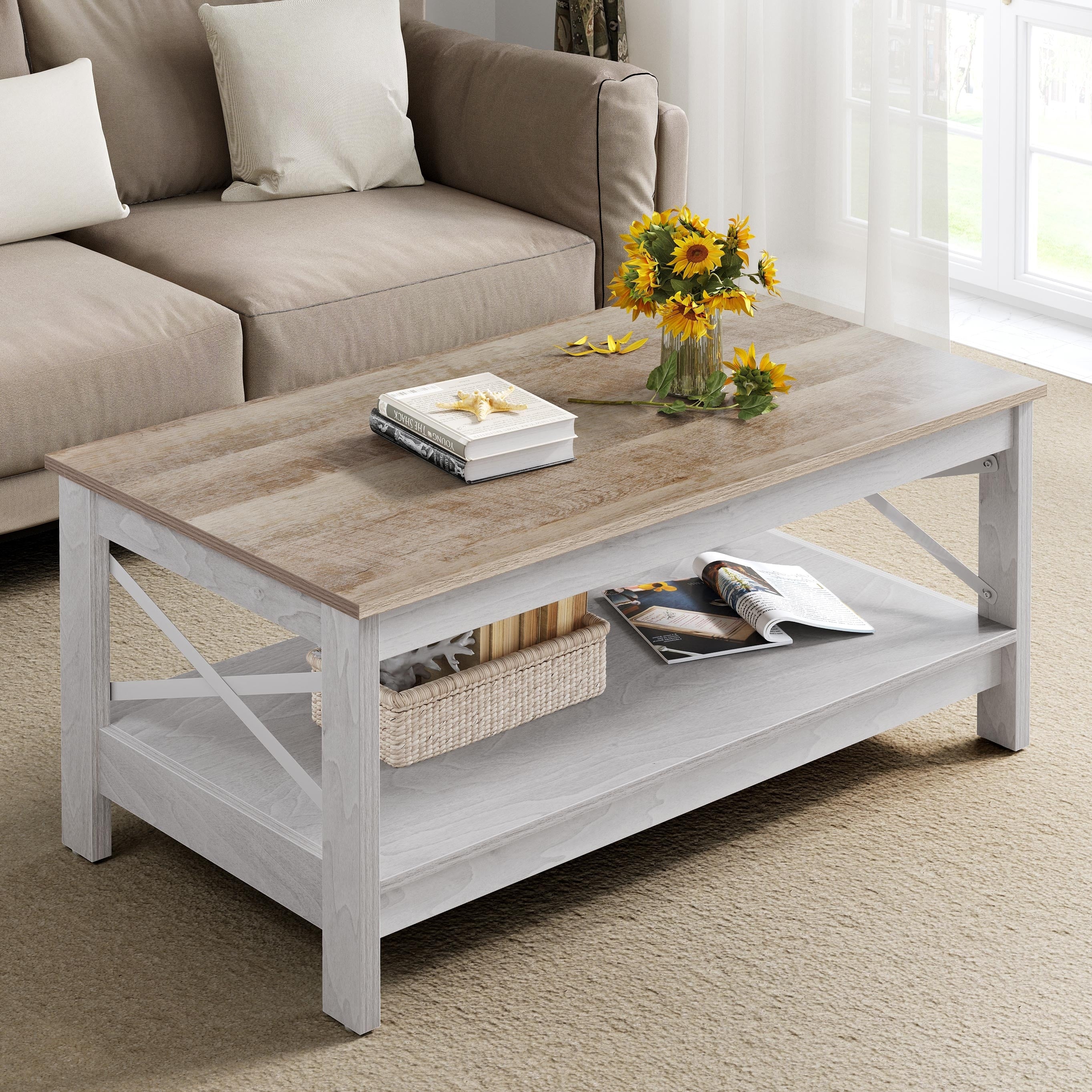 Table basse de style ferme avec rangement, table centrale à 2 niveaux pour le salon