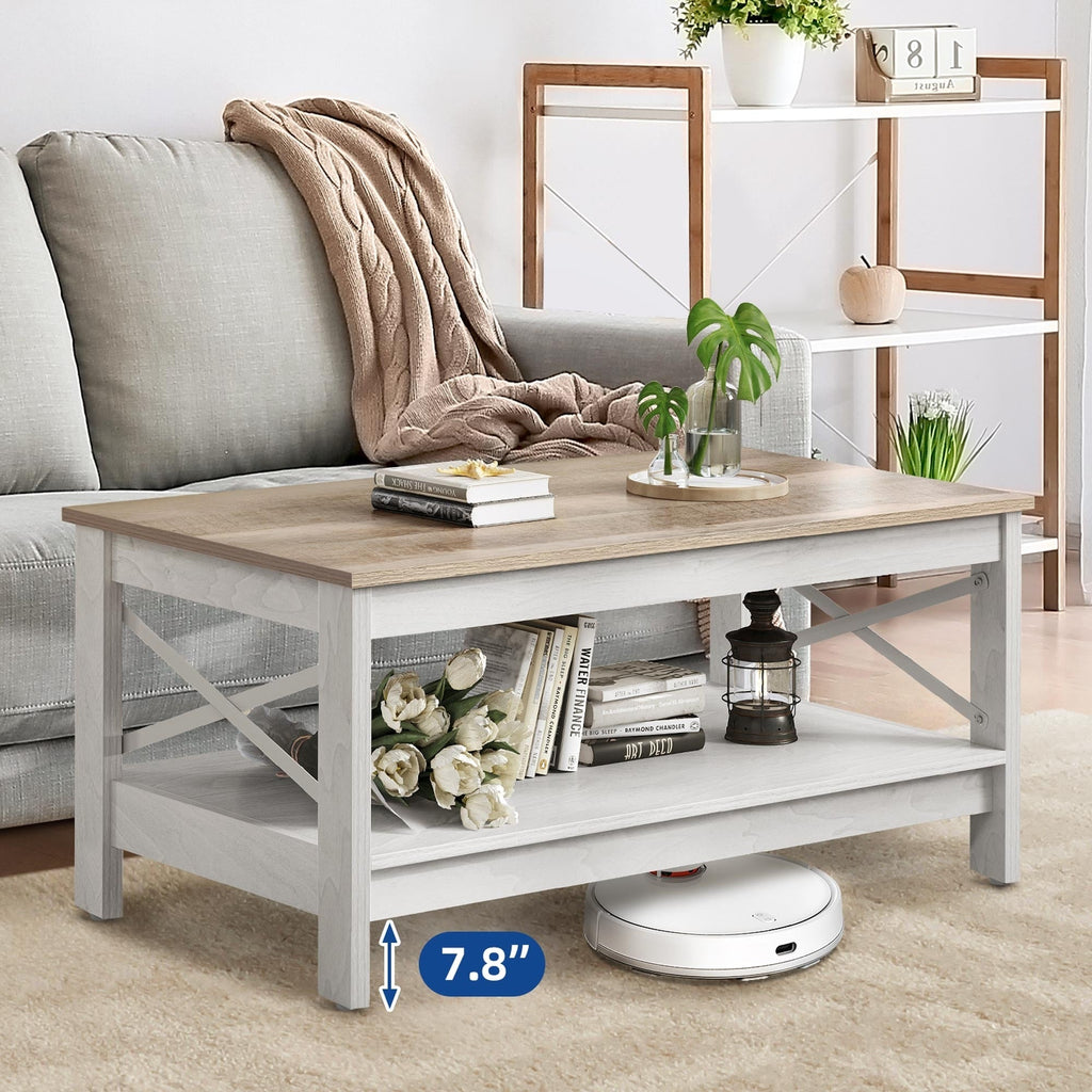 Farmhouse Coffee Table with Storage 2-Tier Center Table for Living Room