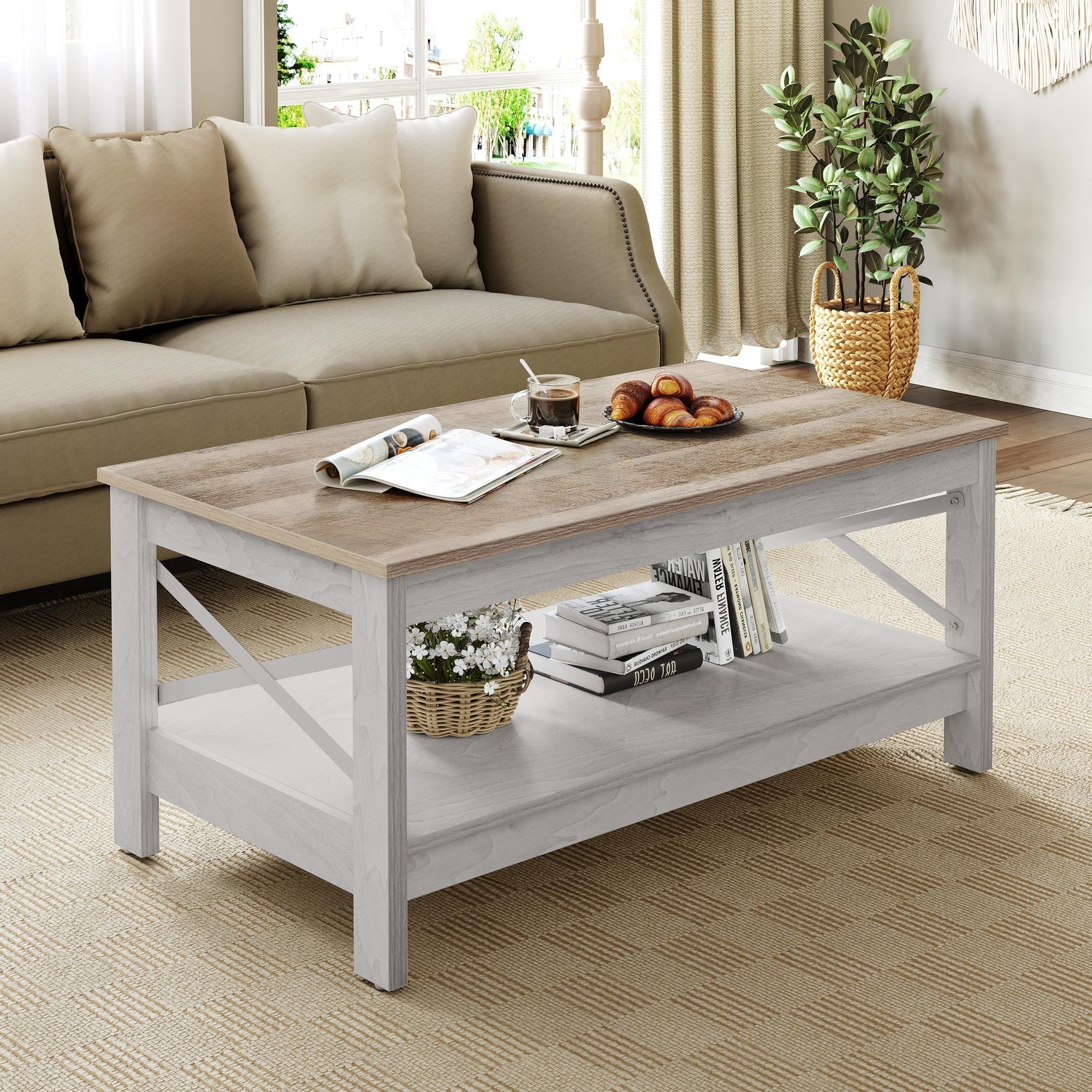 Table basse de style ferme avec rangement, table centrale à 2 niveaux pour le salon