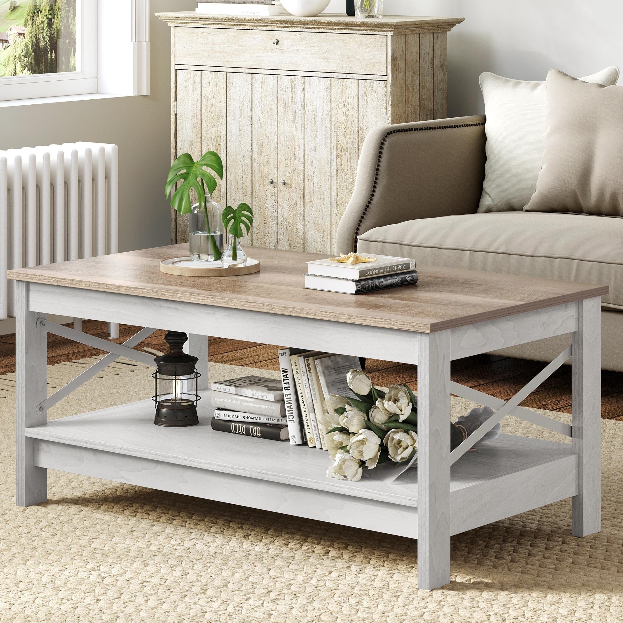 Table basse de style ferme avec rangement, table centrale à 2 niveaux pour le salon