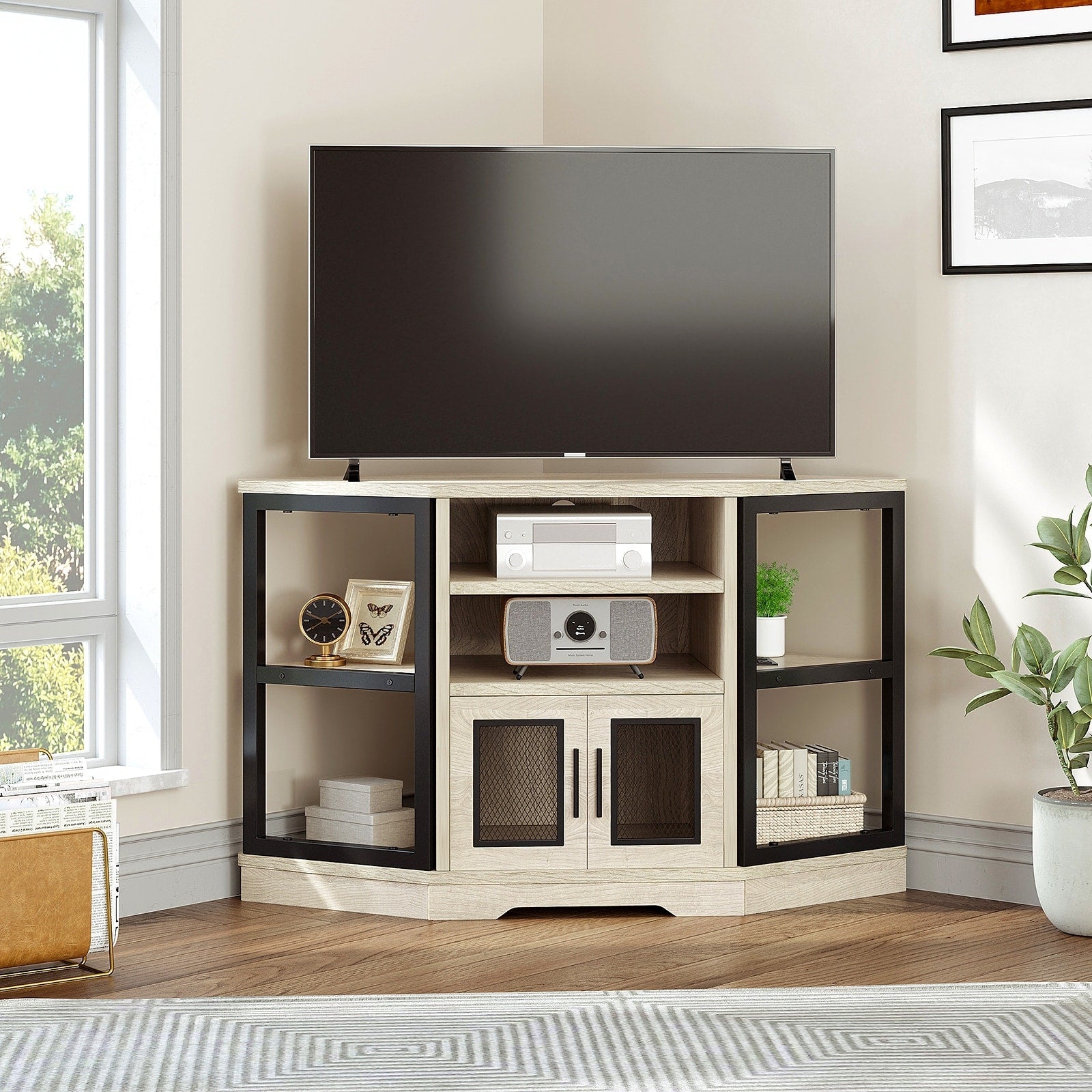 Meuble TV d'angle Farmhouse pour téléviseurs jusqu'à 55 pouces avec prise de courant