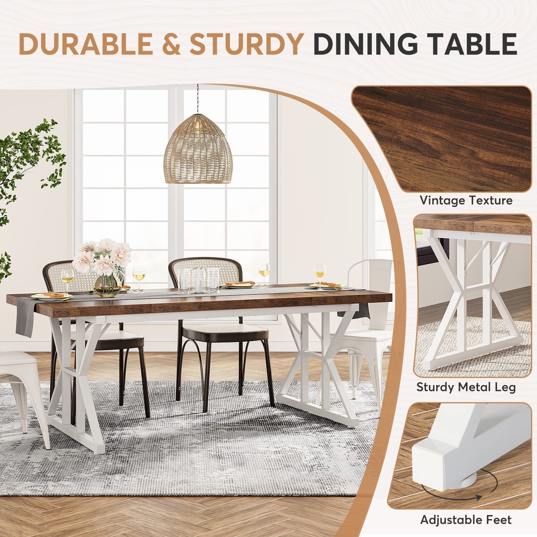 Table à manger de style ferme pour 6 personnes, table de cuisine rectangulaire en bois de 70,8 pouces