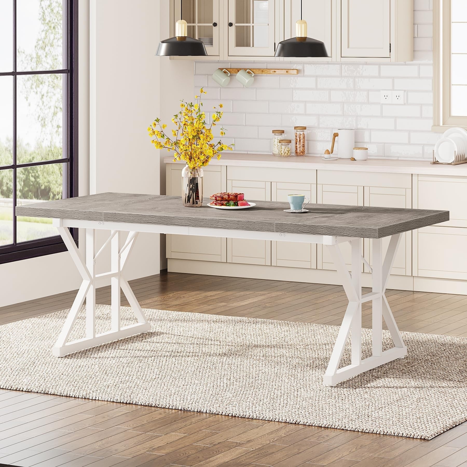 Table à manger de style ferme pour 6 personnes, table de cuisine rectangulaire en bois de 70,8 pouces