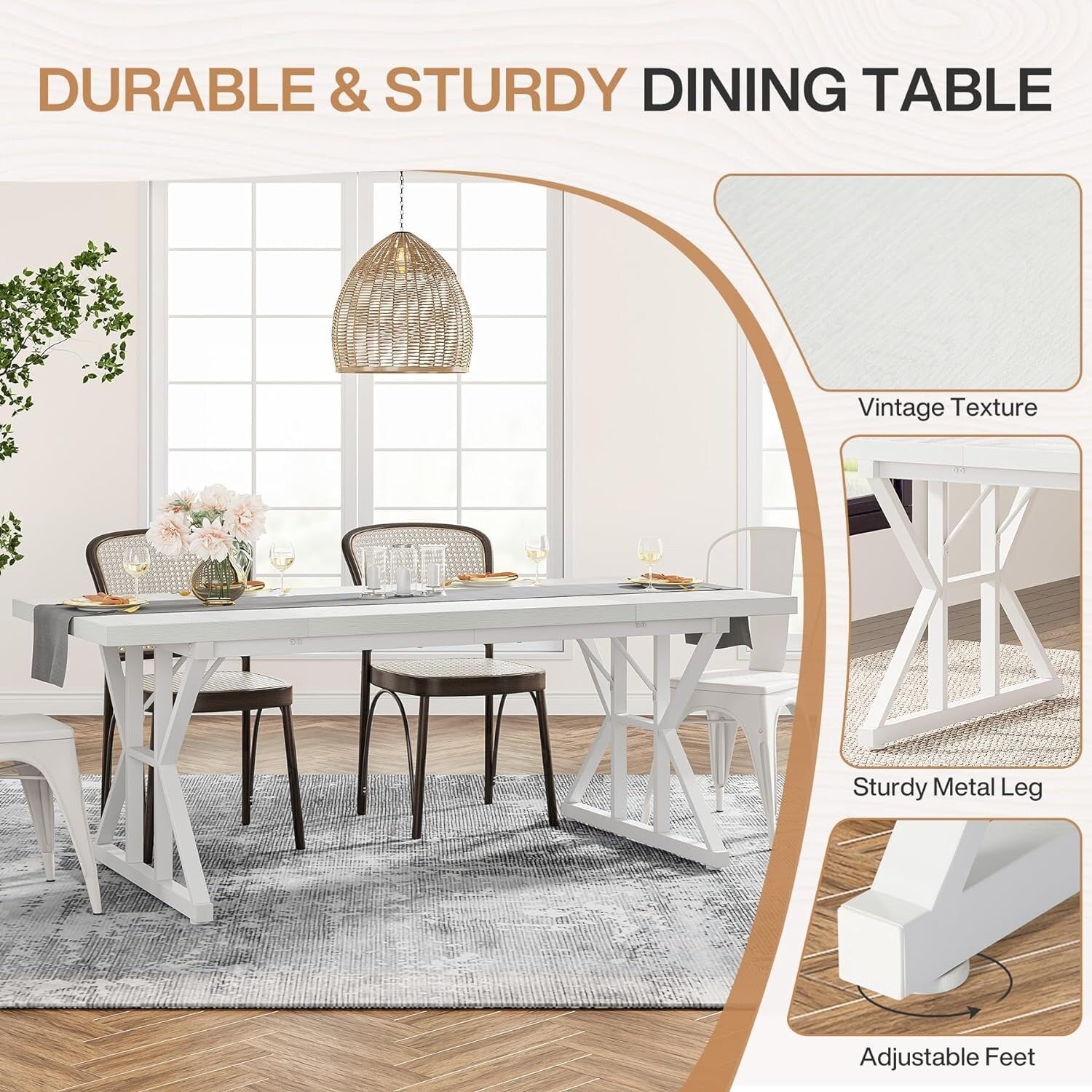 Table à manger de style ferme pour 6 personnes, table de cuisine rectangulaire en bois de 70,8 pouces