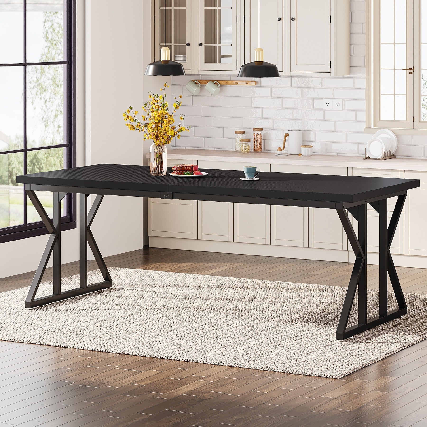 Table à manger de style ferme pour 6 personnes, table de cuisine rectangulaire en bois de 70,8 pouces