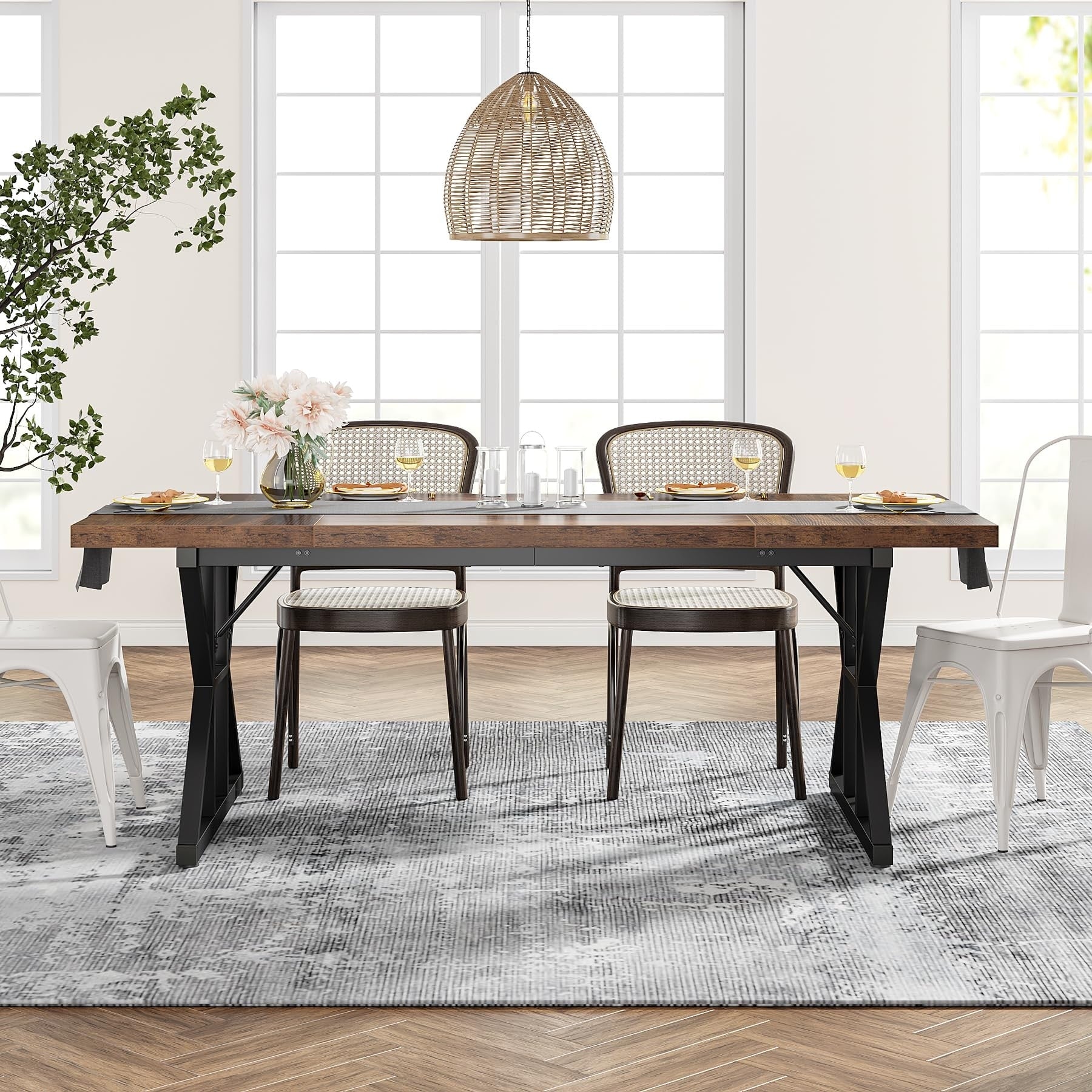 Table à manger de style ferme pour 6 personnes, table de cuisine rectangulaire en bois de 70,8 pouces