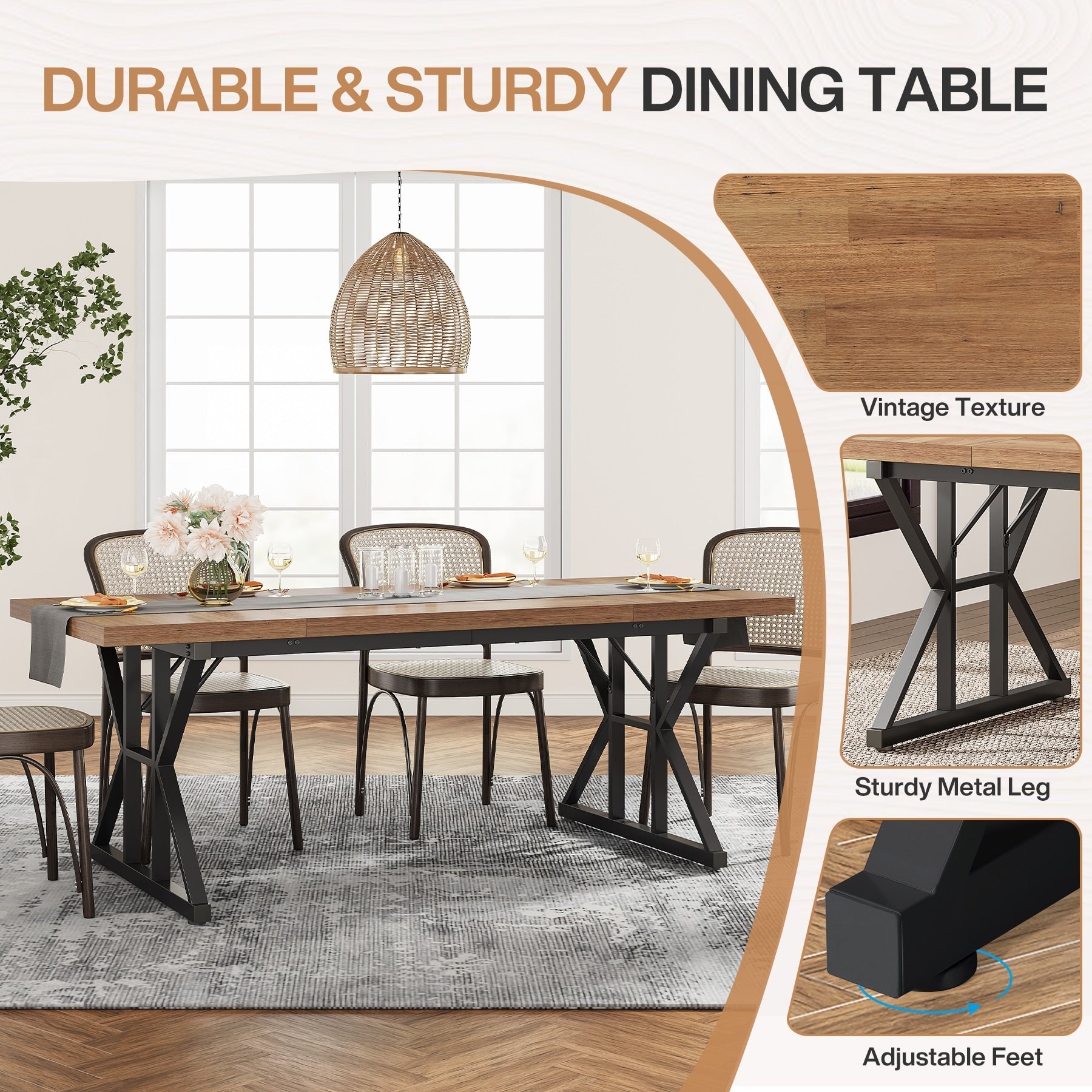 Table à manger de style ferme pour 6 personnes, table de cuisine rectangulaire en bois de 70,8 pouces