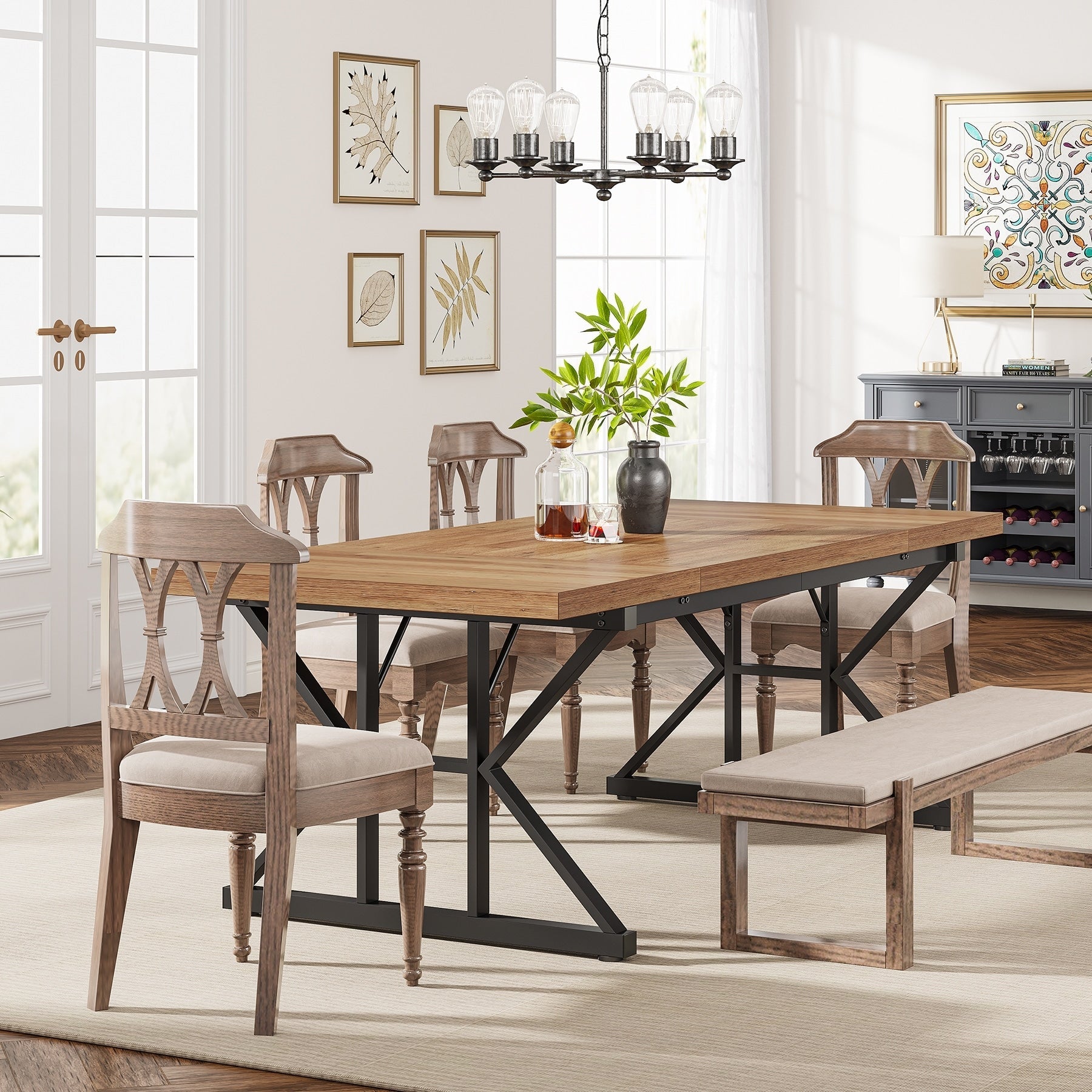 Table à manger de style ferme pour 6 personnes, table de cuisine rectangulaire en bois de 70,8 pouces