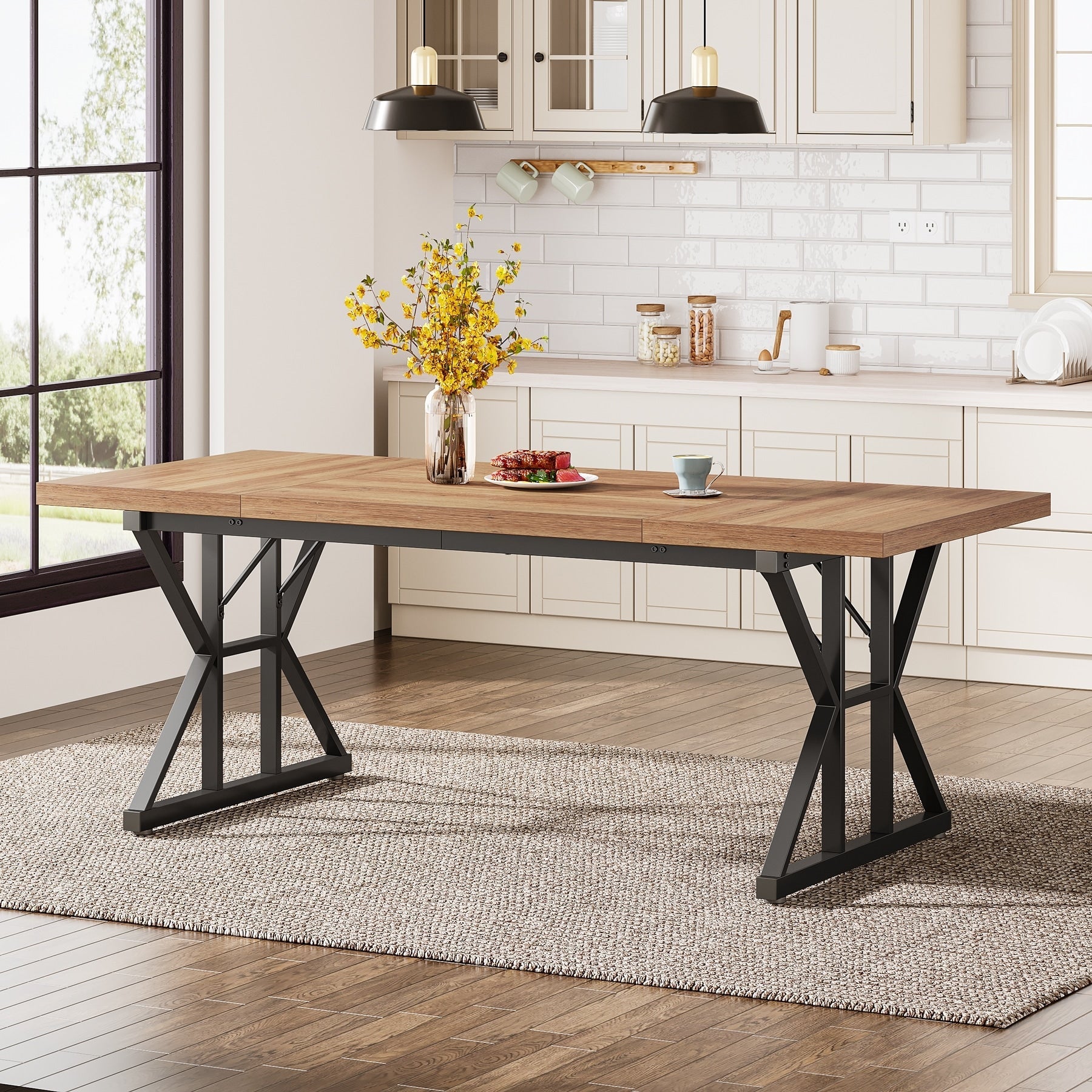Table à manger de style ferme pour 6 personnes, table de cuisine rectangulaire en bois de 70,8 pouces