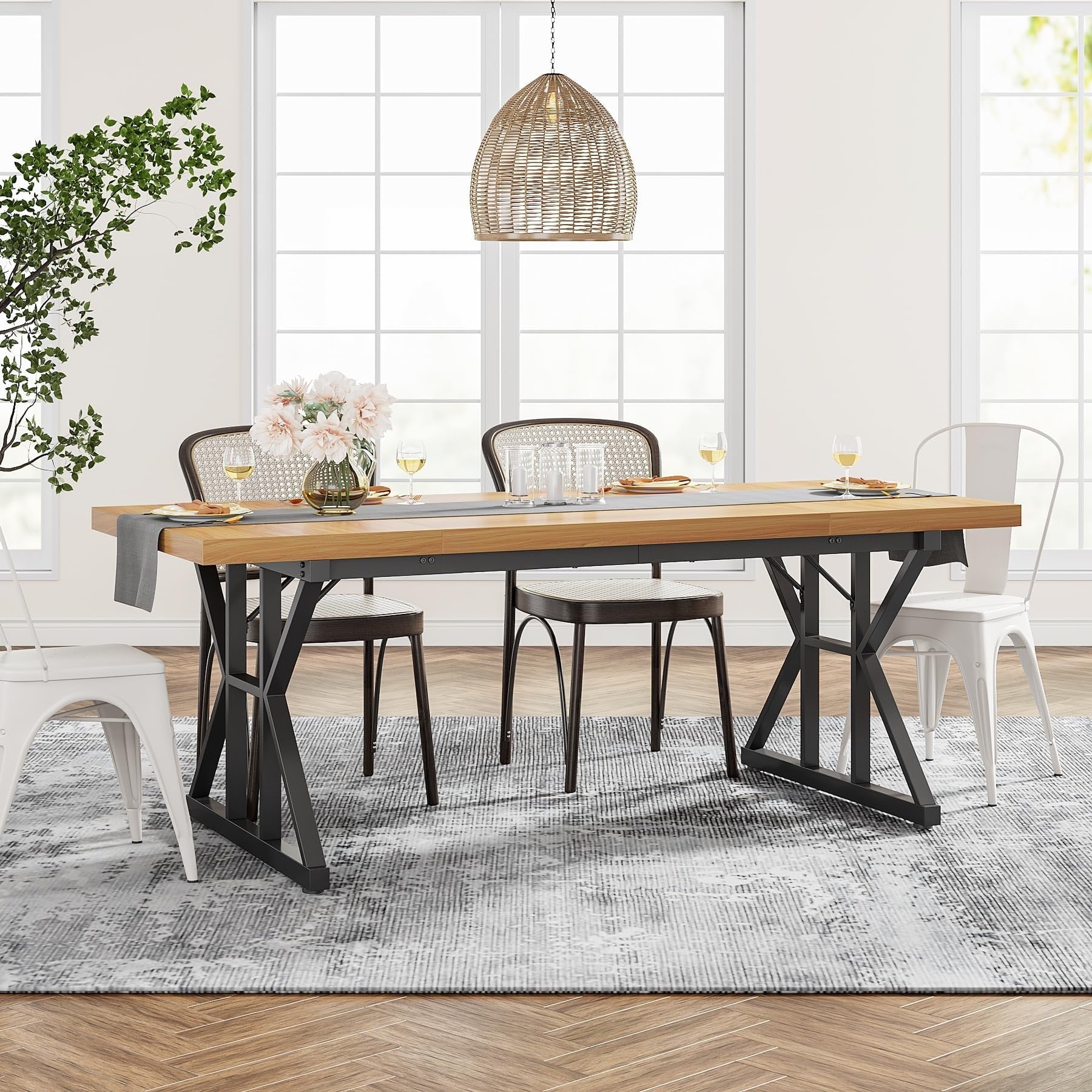 Table à manger de style ferme pour 6 personnes, table de cuisine rectangulaire en bois de 70,8 pouces