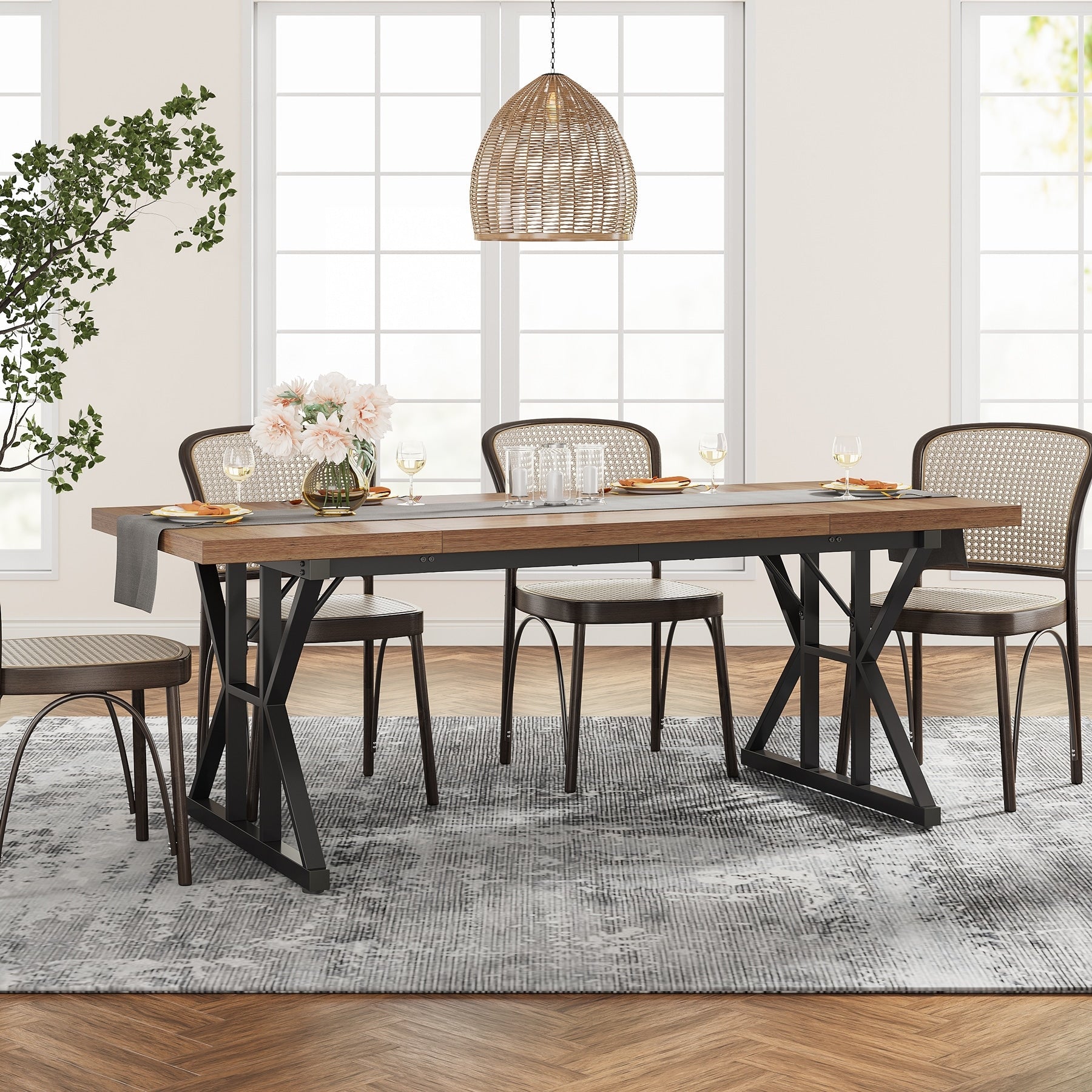 Table à manger de style ferme pour 6 personnes, table de cuisine rectangulaire en bois de 70,8 pouces