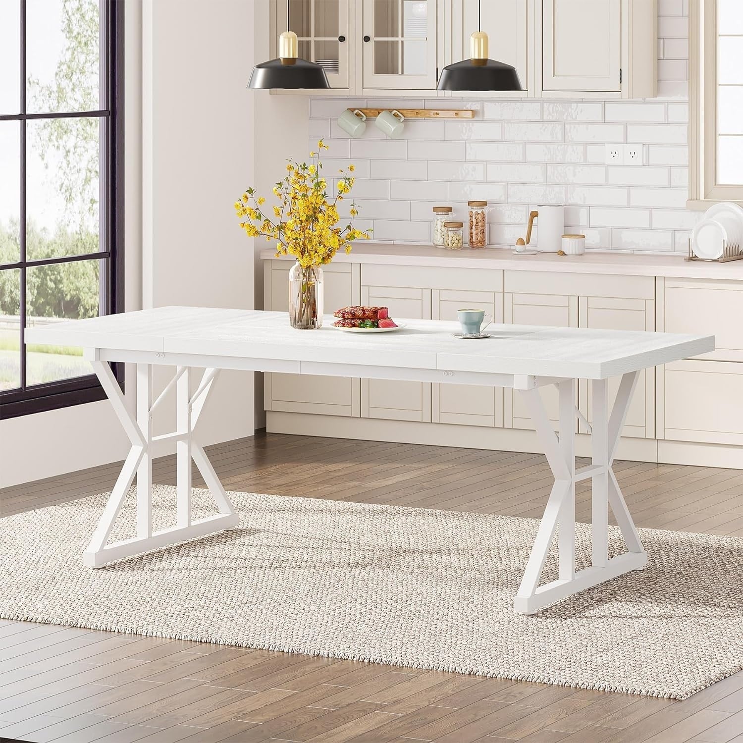 Table à manger de style ferme pour 6 personnes, table de cuisine rectangulaire en bois de 70,8 pouces