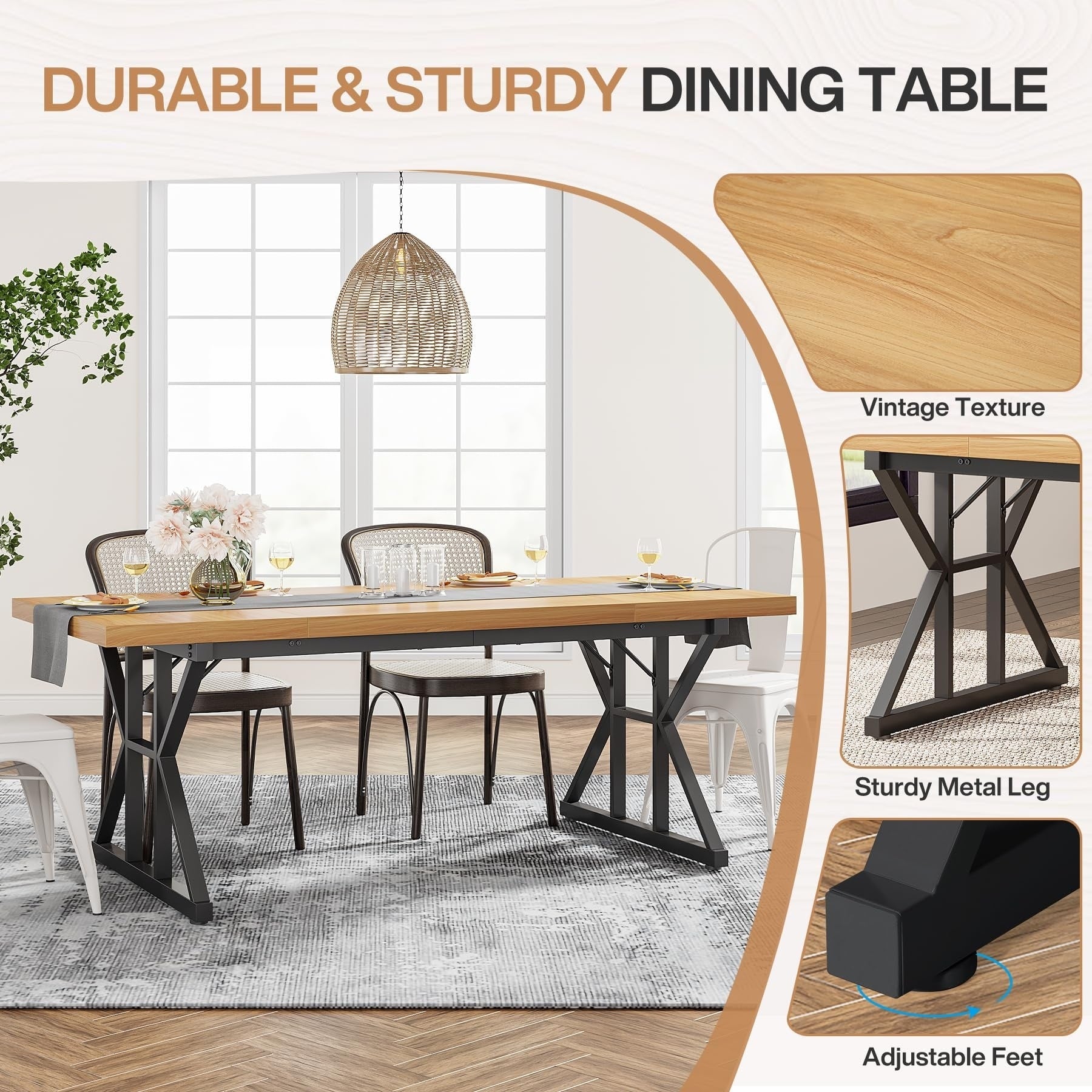 Table à manger de style ferme pour 6 personnes, table de cuisine rectangulaire en bois de 70,8 pouces