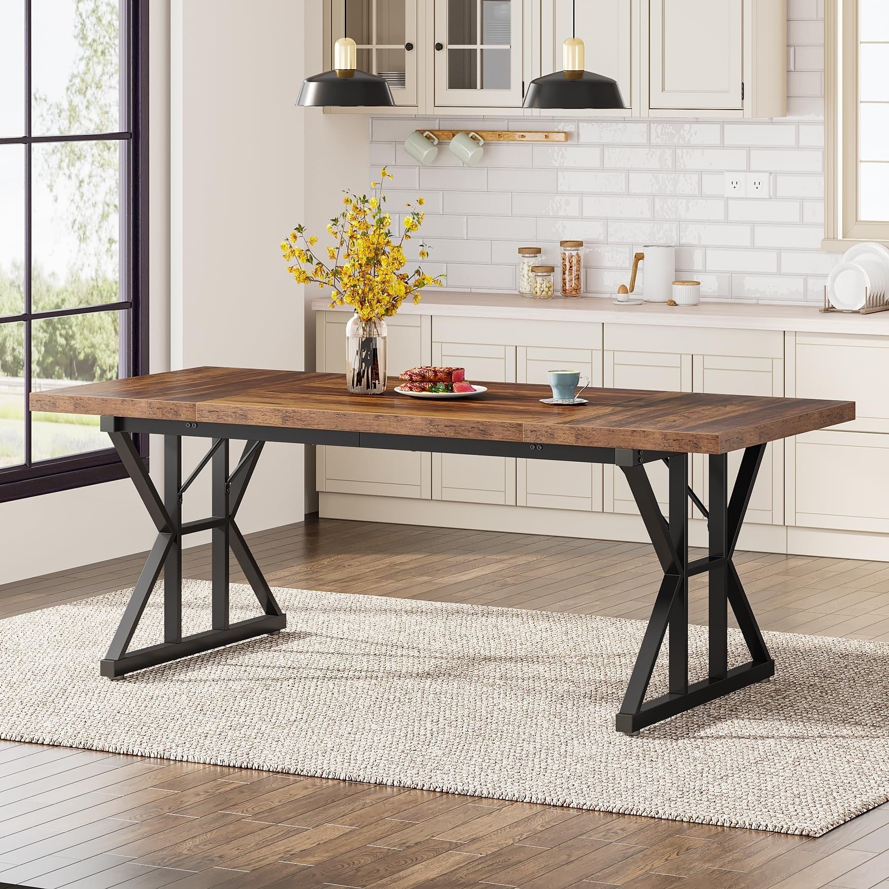 Table à manger de style ferme pour 6 personnes, table de cuisine rectangulaire en bois de 70,8 pouces