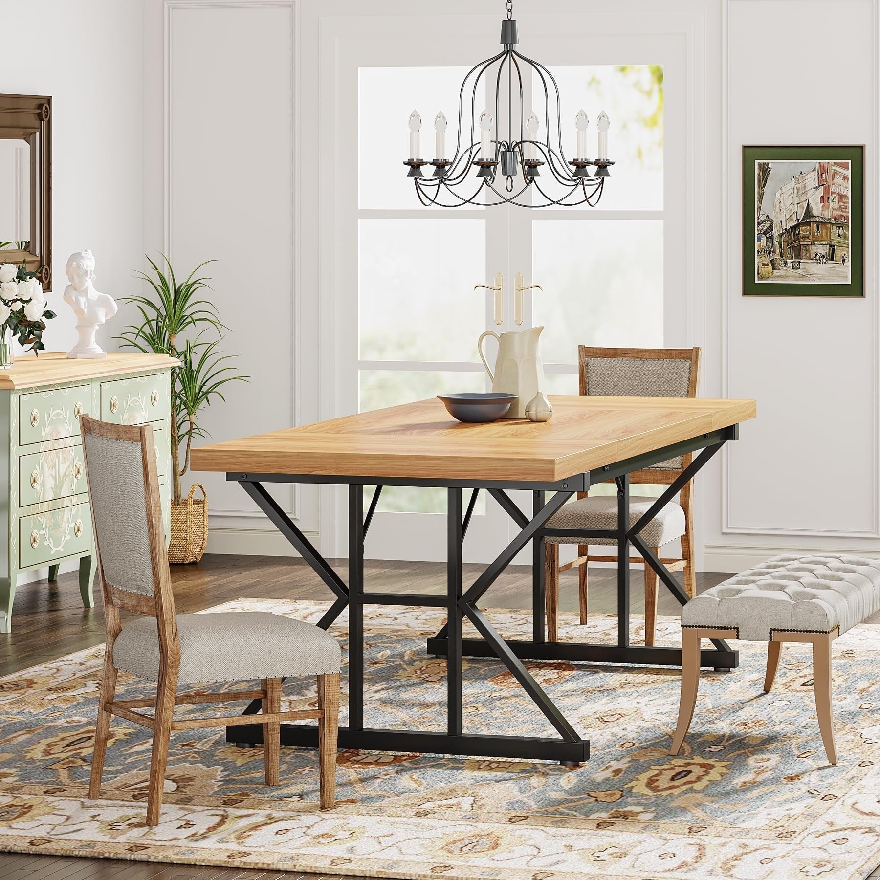 Table à manger de style ferme pour 6 personnes, table de cuisine rectangulaire en bois de 70,8 pouces