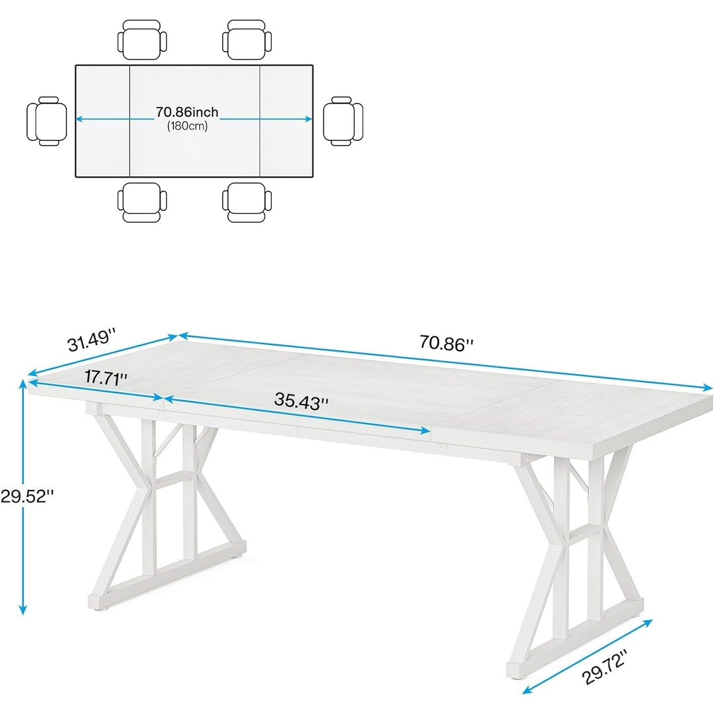 Table à manger de style ferme pour 6 personnes, table de cuisine rectangulaire en bois de 70,8 pouces