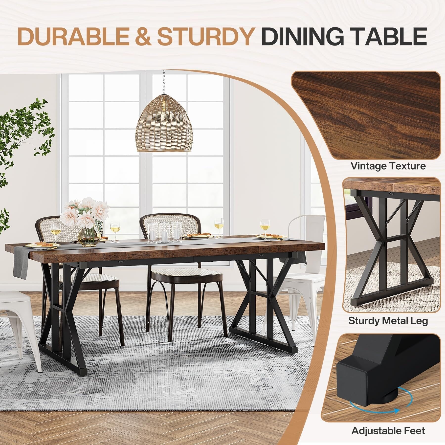 Table à manger de style ferme pour 6 personnes, table de cuisine rectangulaire en bois de 70,8 pouces
