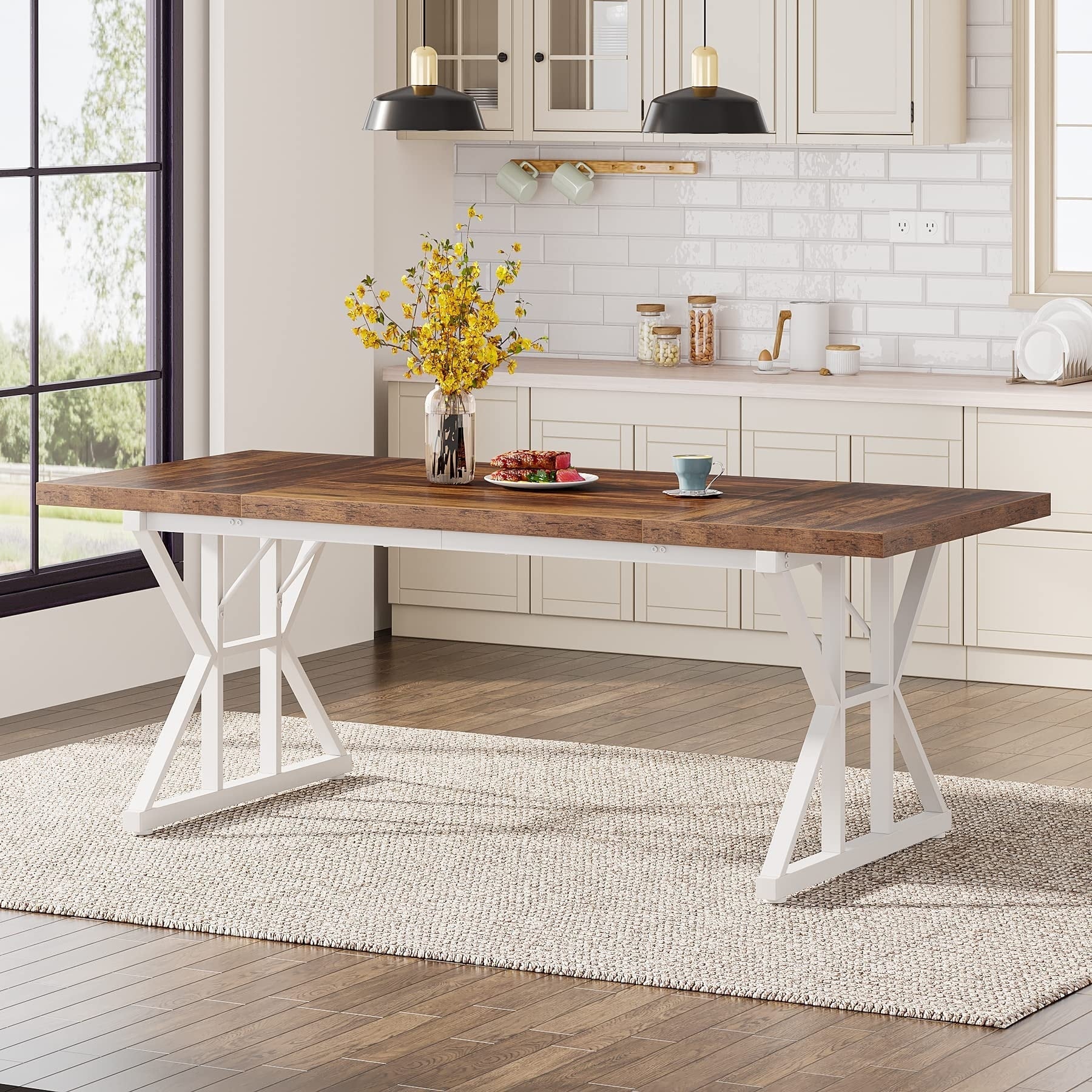 Table à manger de style ferme pour 6 personnes, table de cuisine rectangulaire en bois de 70,8 pouces