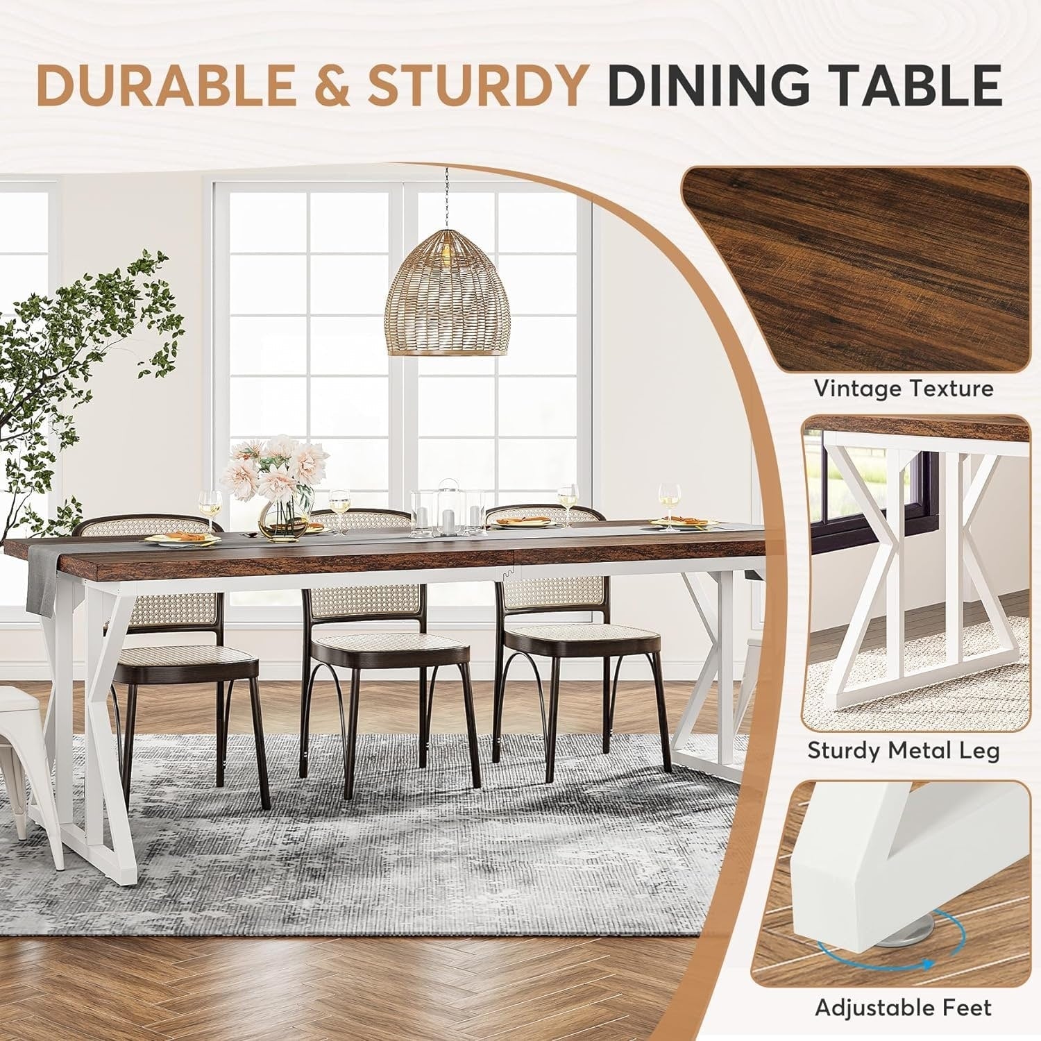 Table à manger de style ferme pour 6 personnes, table de cuisine rectangulaire en bois de 70,8 pouces