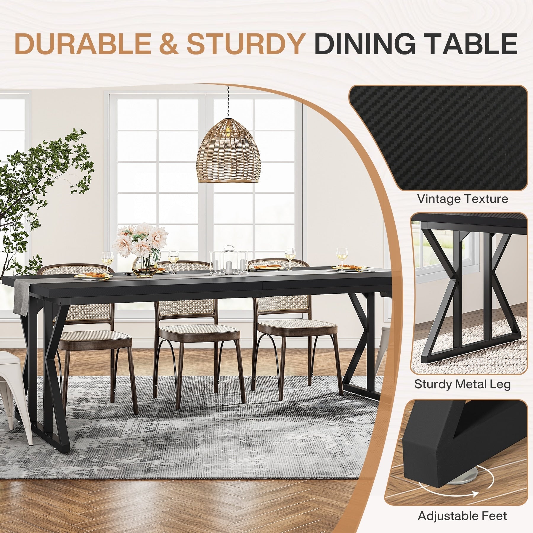 Table à manger de style ferme pour 6 personnes, table de cuisine rectangulaire en bois de 70,8 pouces