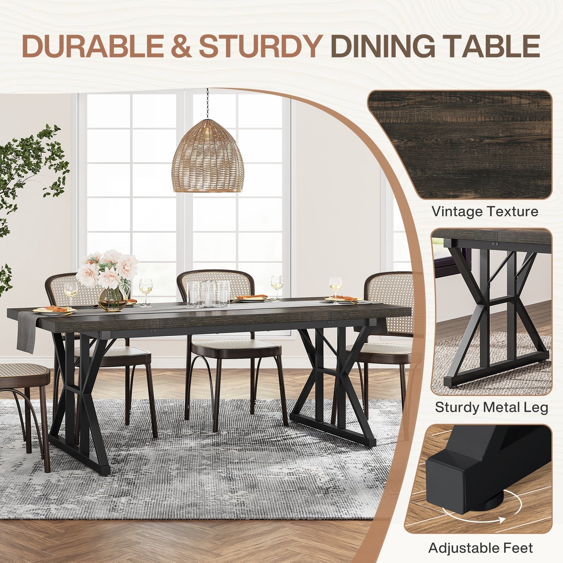 Table à manger de style ferme pour 6 personnes, table de cuisine rectangulaire en bois de 70,8 pouces