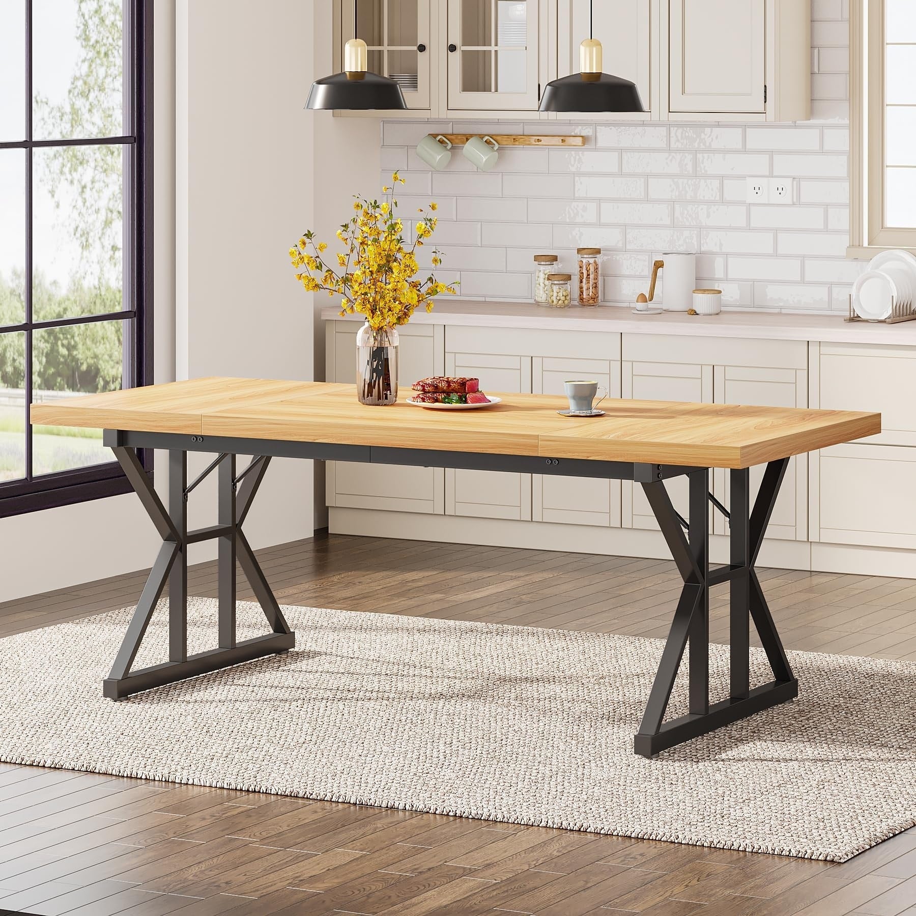 Table à manger de style ferme pour 6 personnes, table de cuisine rectangulaire en bois de 70,8 pouces