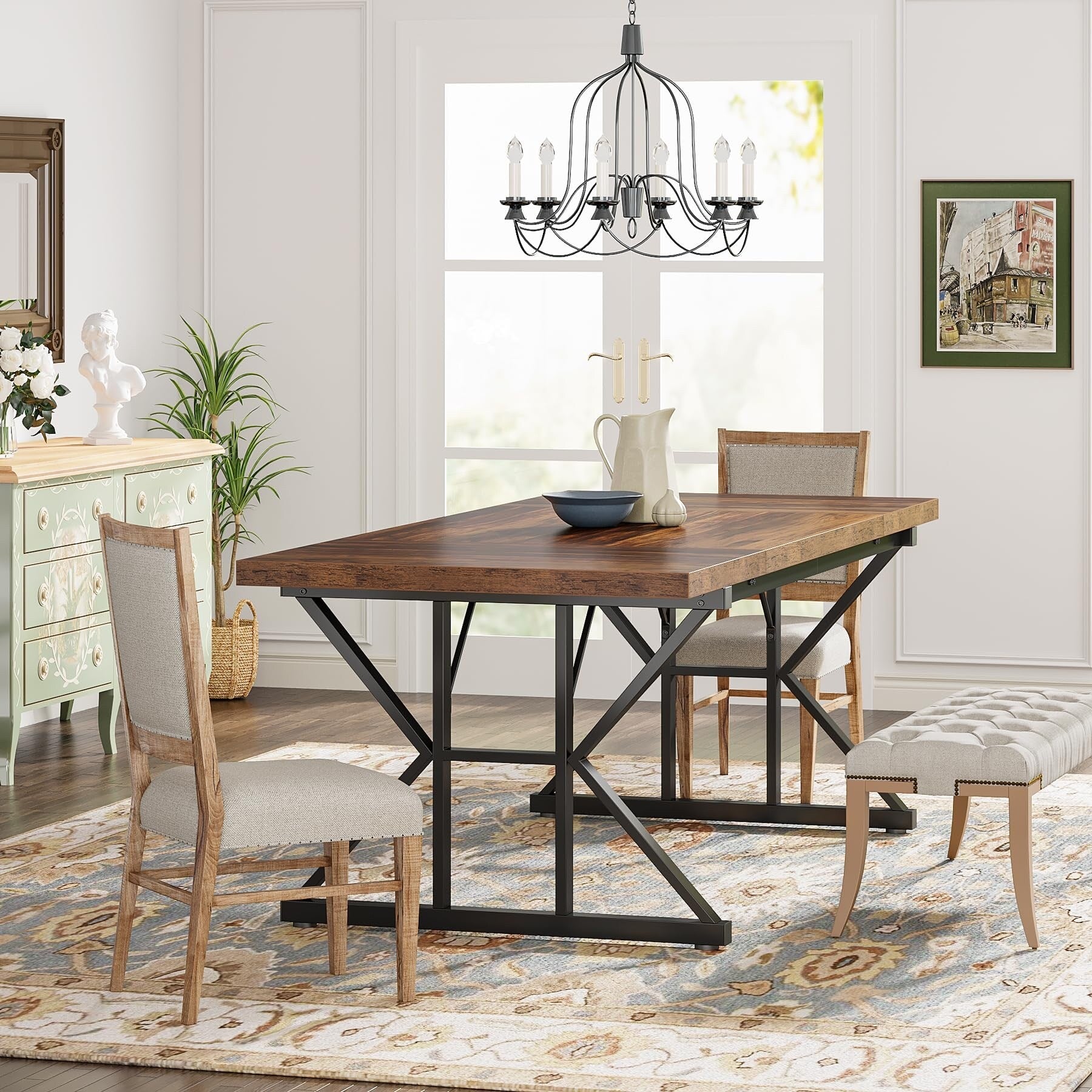 Table à manger de style ferme pour 6 personnes, table de cuisine rectangulaire en bois de 70,8 pouces