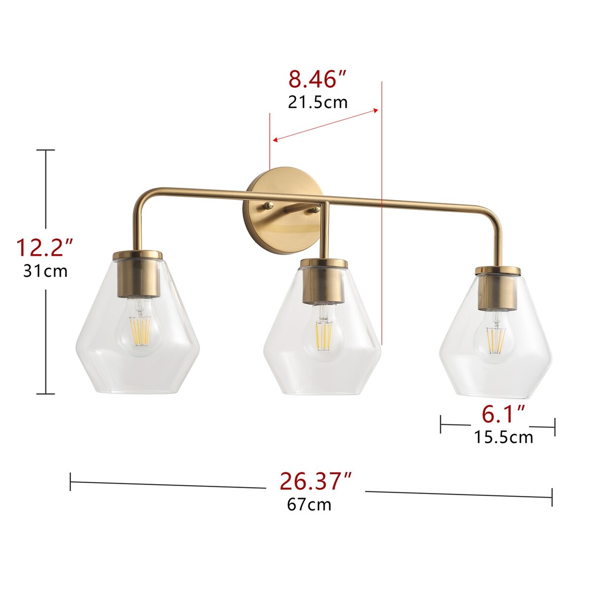 Luminaire de salle de bain Farmhouse Gold à 3 lumières en verre sur miroir
