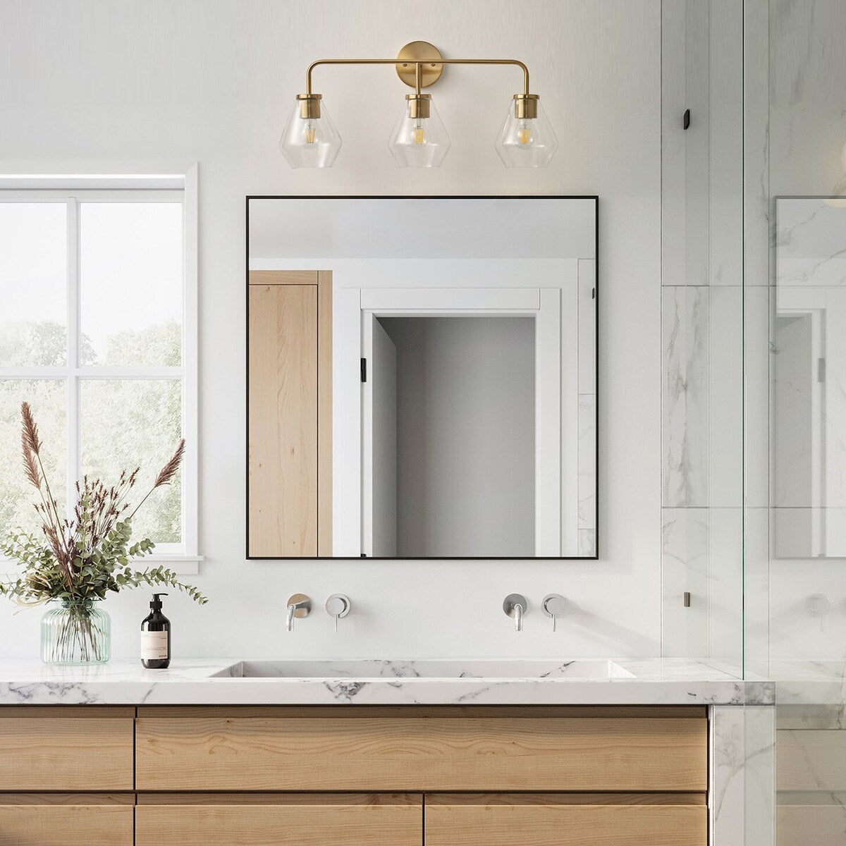 Luminaire de salle de bain Farmhouse Gold à 3 lumières en verre sur miroir