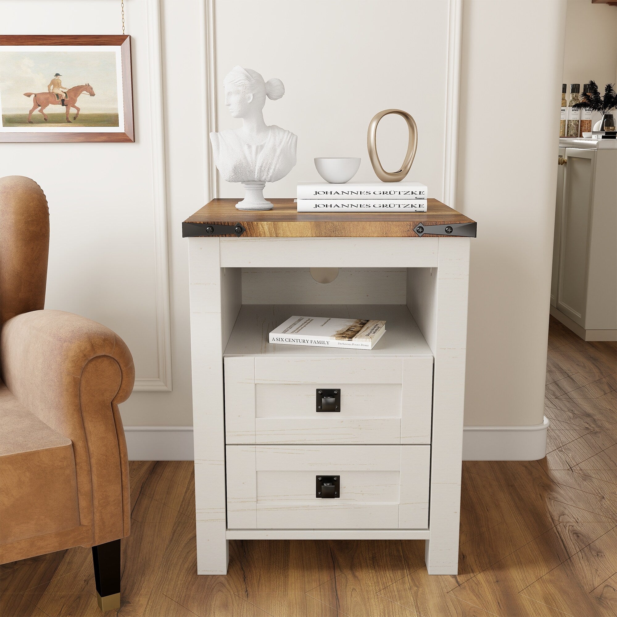 Table de chevet de style ferme avec station de charge, table d'appoint et table d'appoint