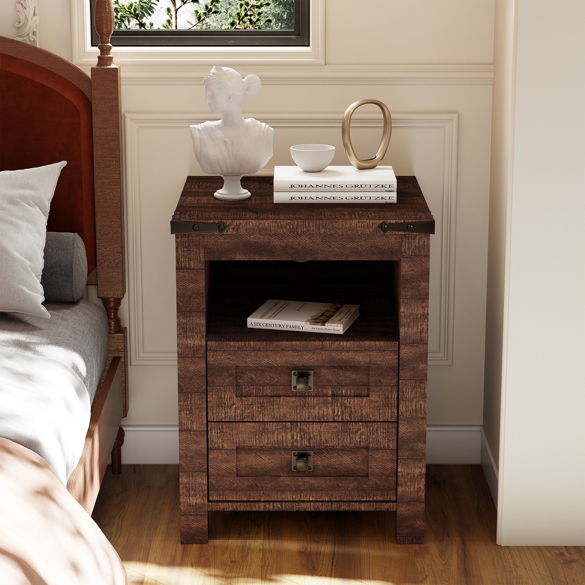 Table de chevet de style ferme avec station de charge, table d'appoint et table d'appoint