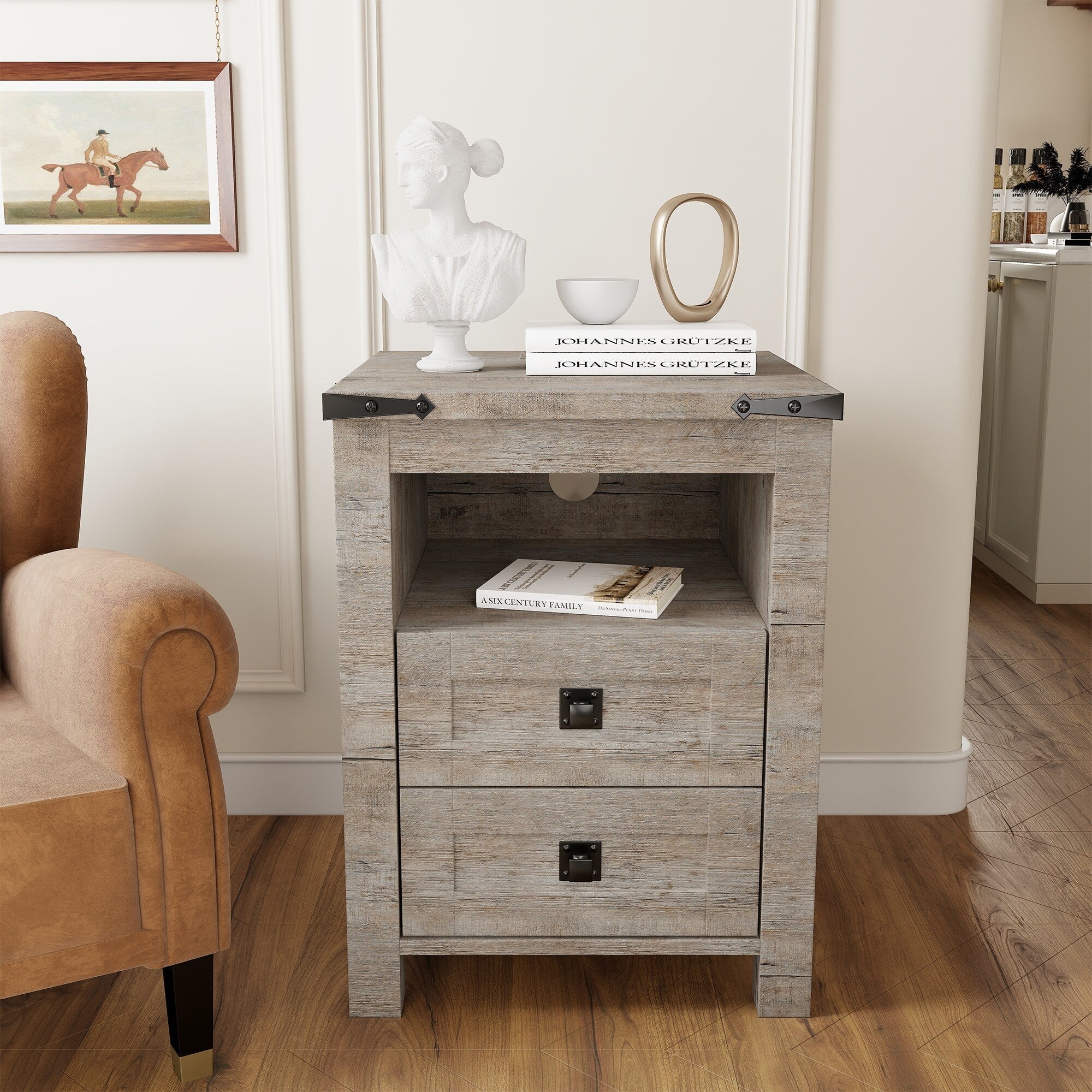 Table de chevet de style ferme avec station de charge, table d'appoint et table d'appoint