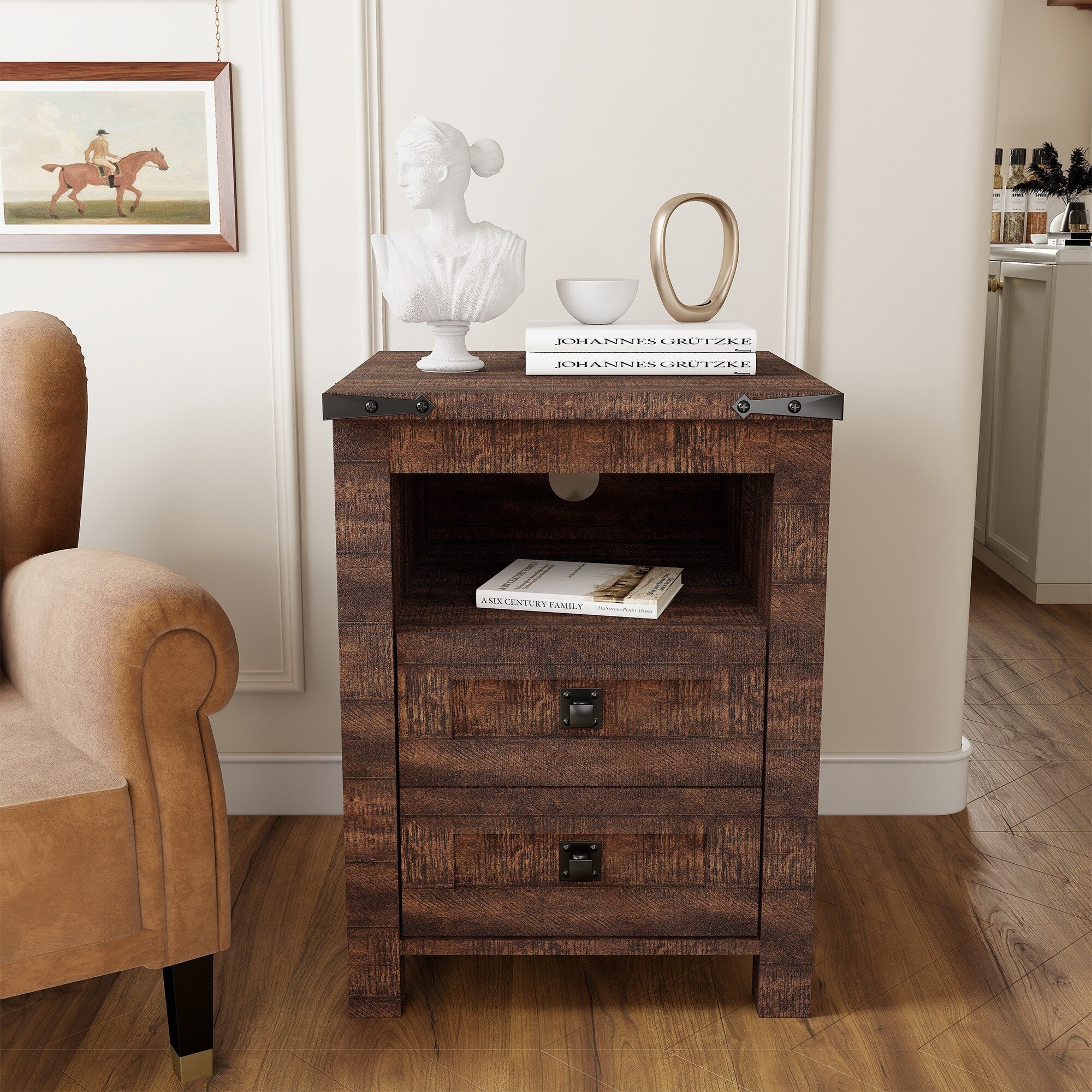 Table de chevet de style ferme avec station de charge, table d'appoint et table d'appoint