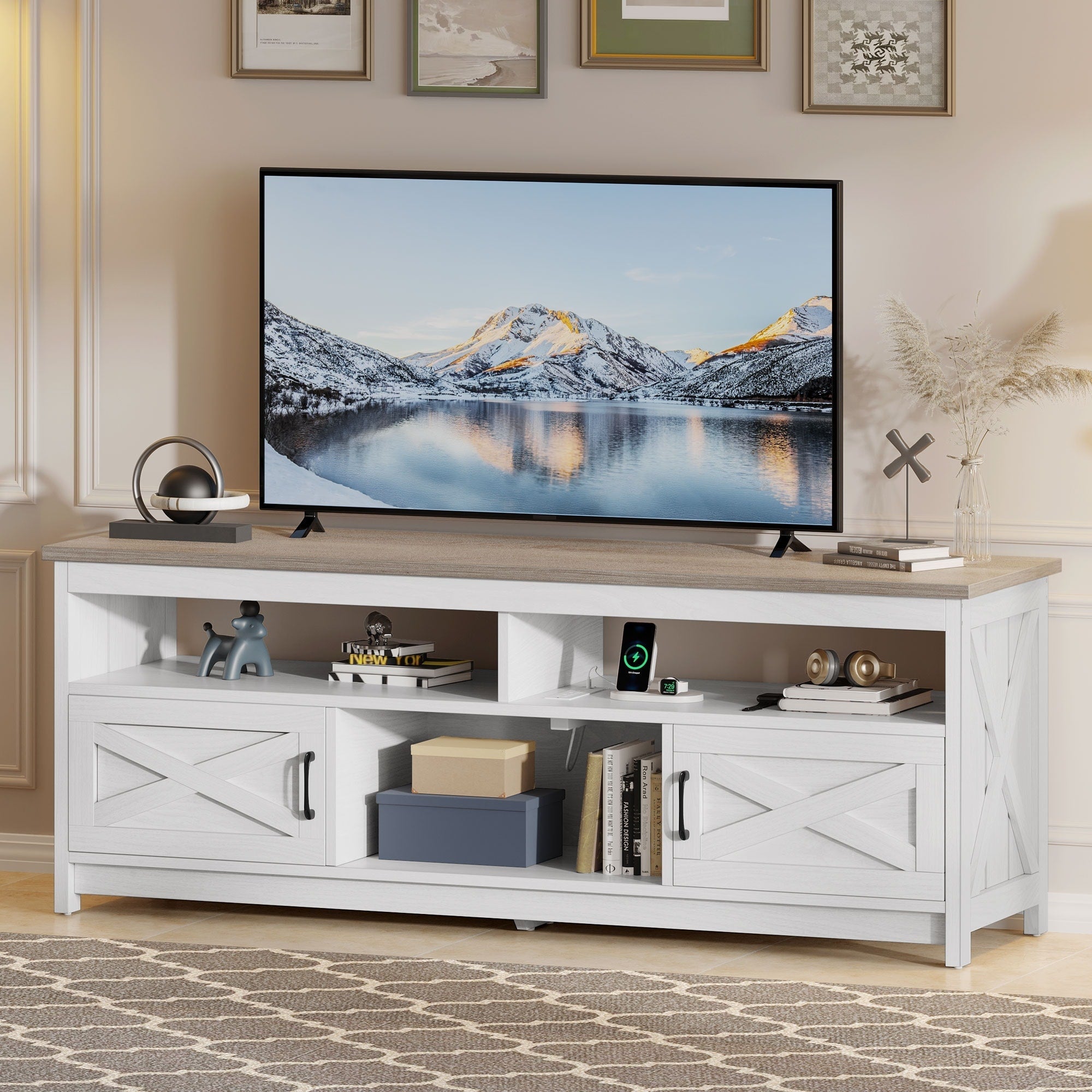 Farmhouse TV Stand for up to 65 TV with Doors and Open Shelves Media Console Power Outlet